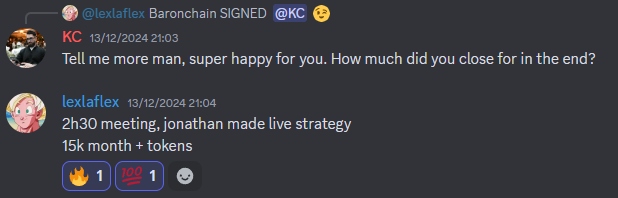 Alex - Baronchain signed for $15K/mo + tokens