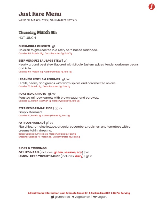 Just Fare menu – Thursday March 5th: Chermoula Chicken, Beef Merguez Sausage Stew, Lebanese Lentils