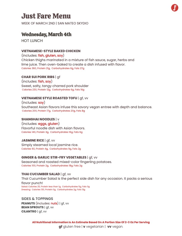 Just Fare menu – Wednesday March 4th: Vietnamese Baked Chicken, Char Sui Pork Ribs, Roasted Tofu