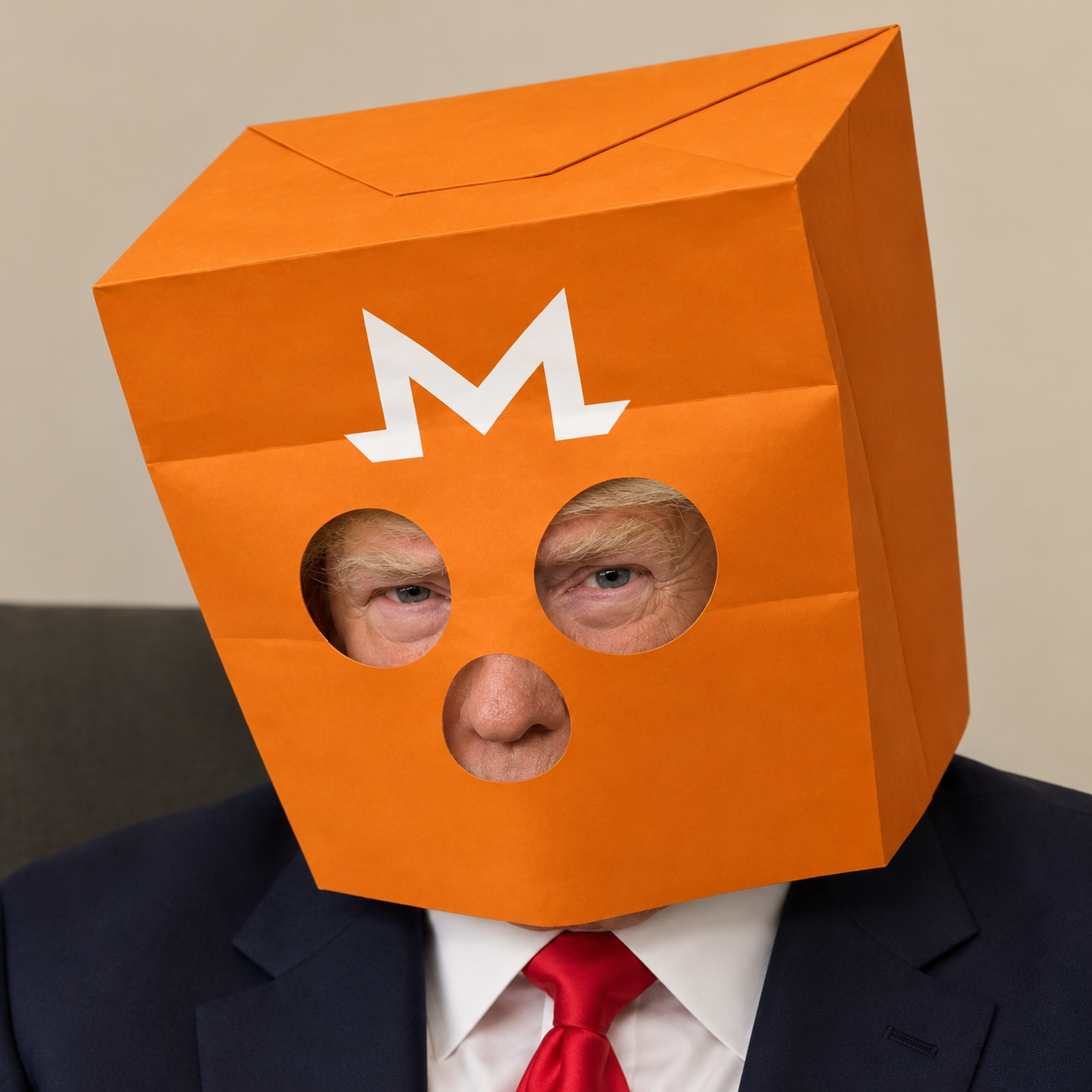Mysterious Trump wearing an orange paper bag mask