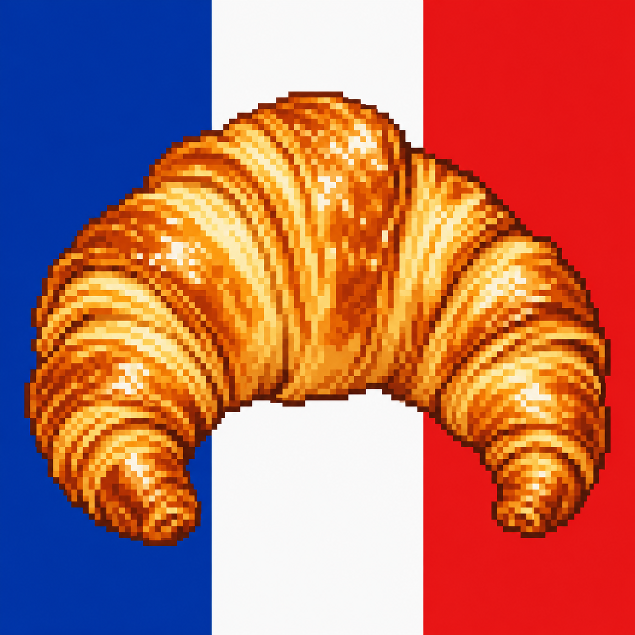 The original golden pixel croissant on a blue, white and red French flag