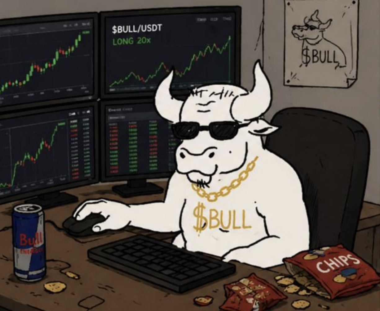 Trading Bull - Bull character at trading desk with multiple monitors
