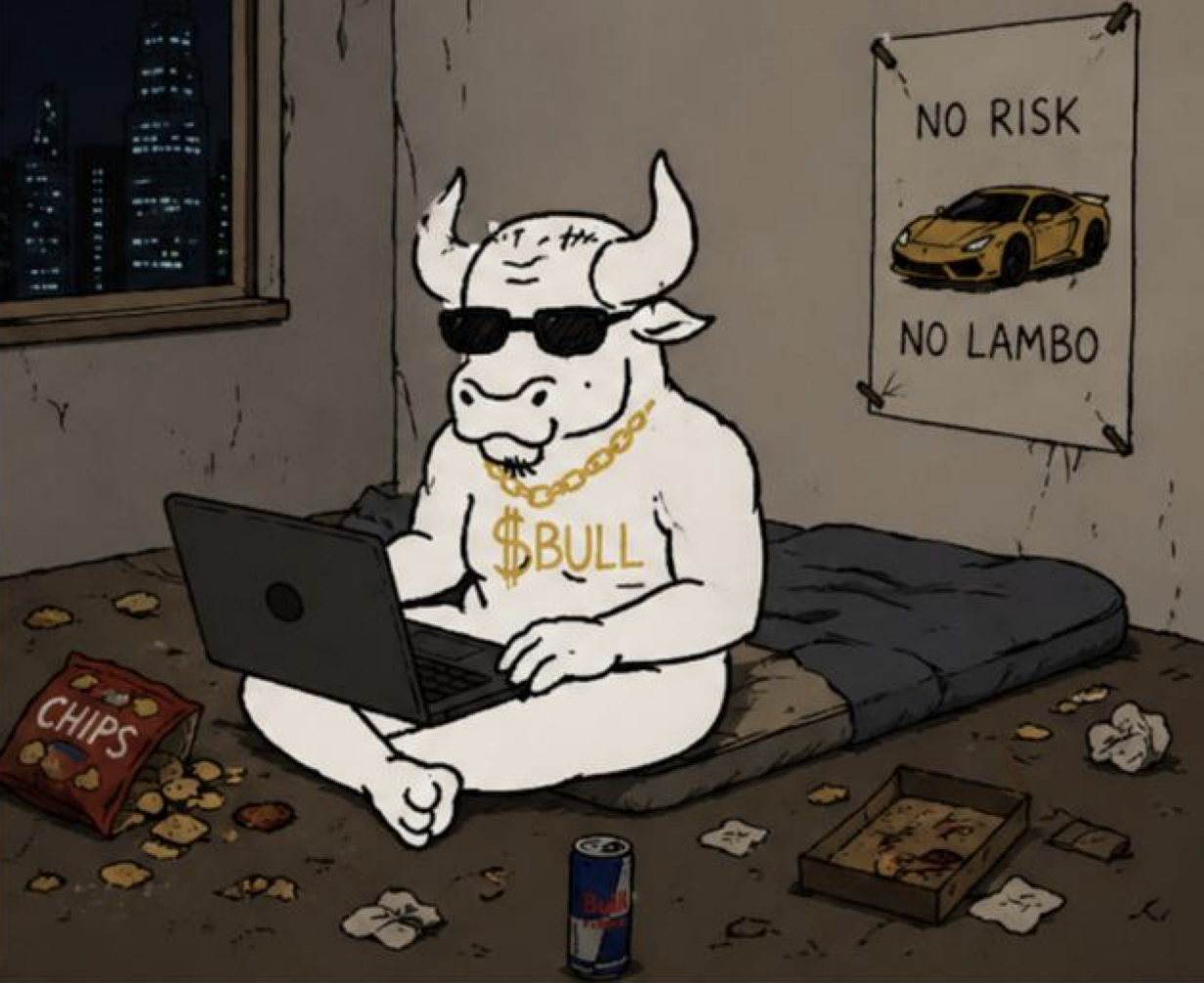 Grind Bull - Bull character on mattress with laptop and No Risk No Lambo poster