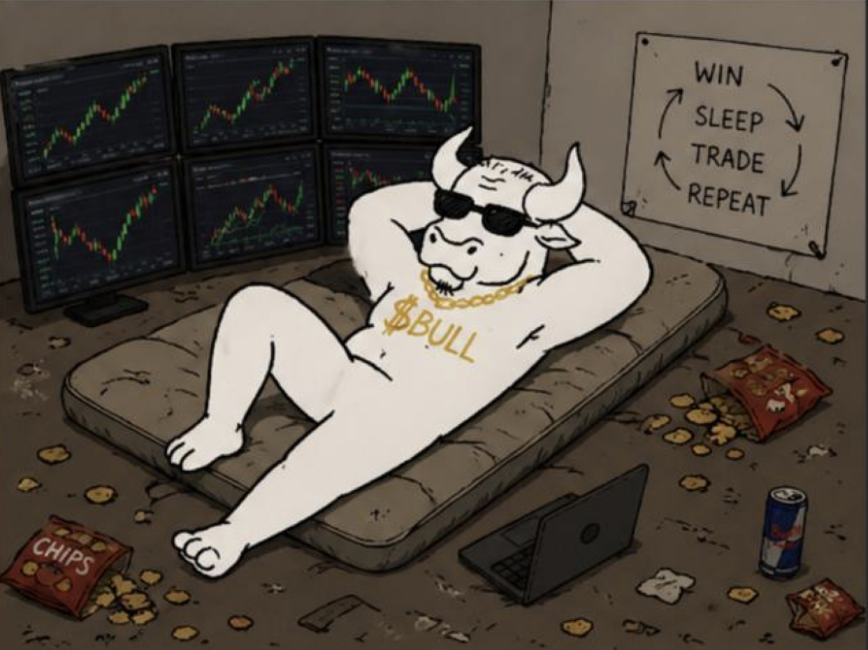 Win Bull - Bull character relaxing with Win Sleep Trade Repeat poster