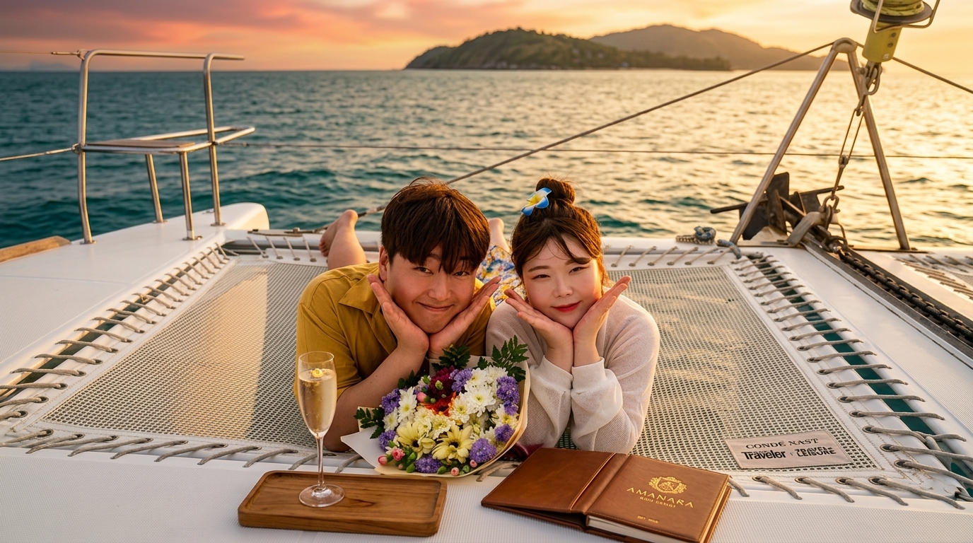 요트 트램폴린에 누워 꽃다발과 함께 웃는 커플