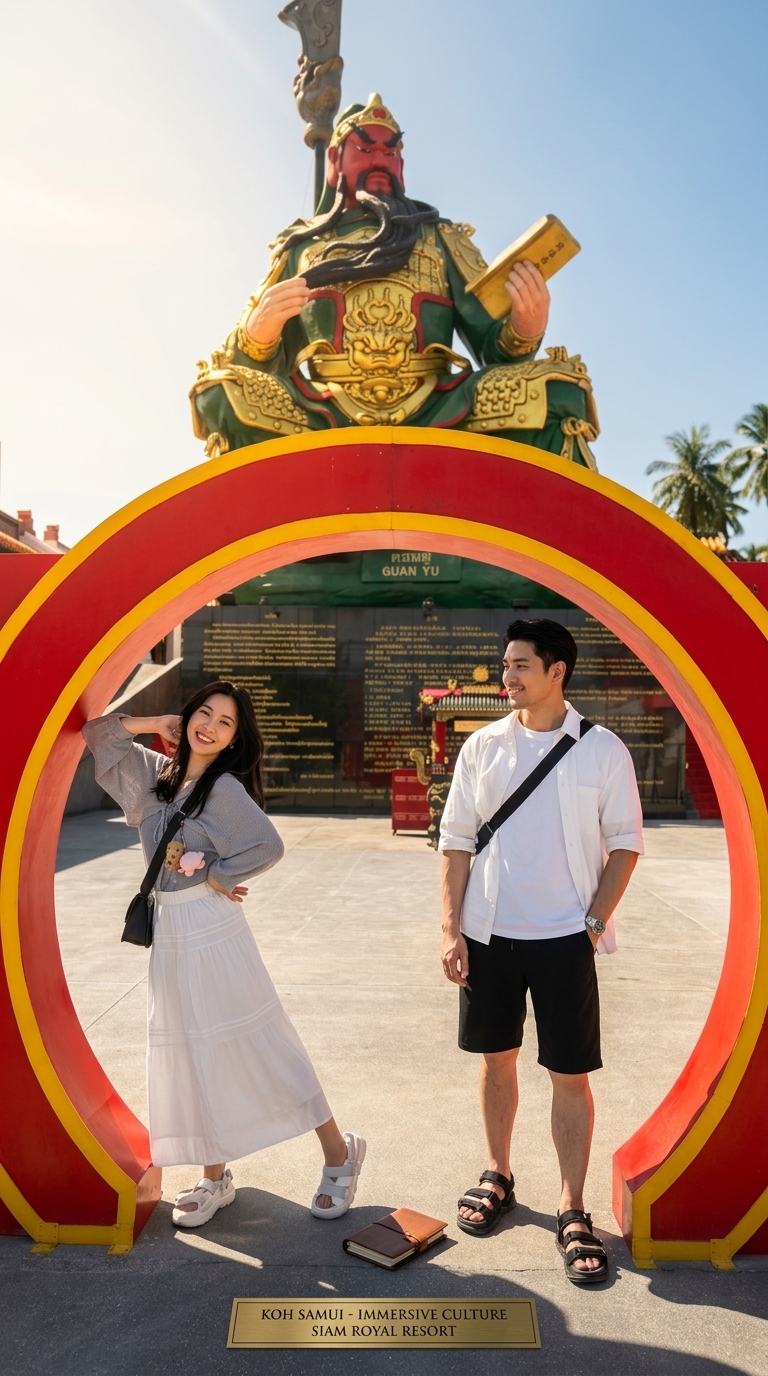 관우상 아치에서 포즈를 취한 커플
