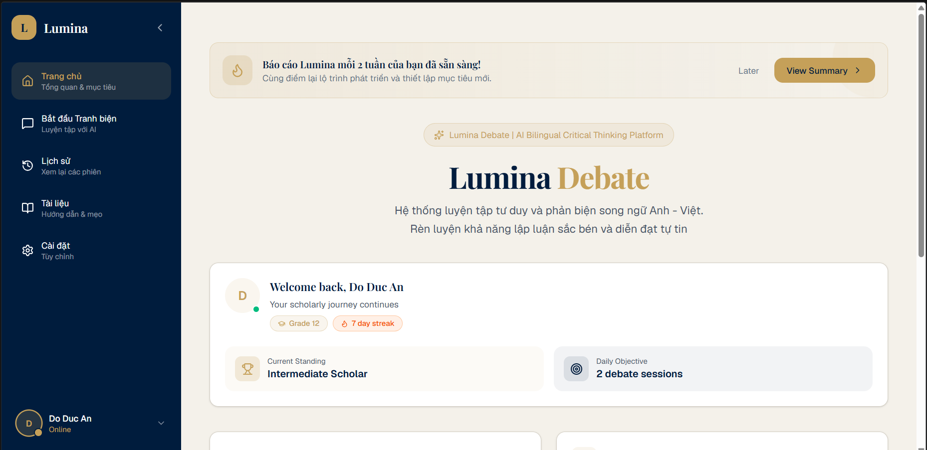 Lumina Debating dashboard showing welcome section and daily objectives