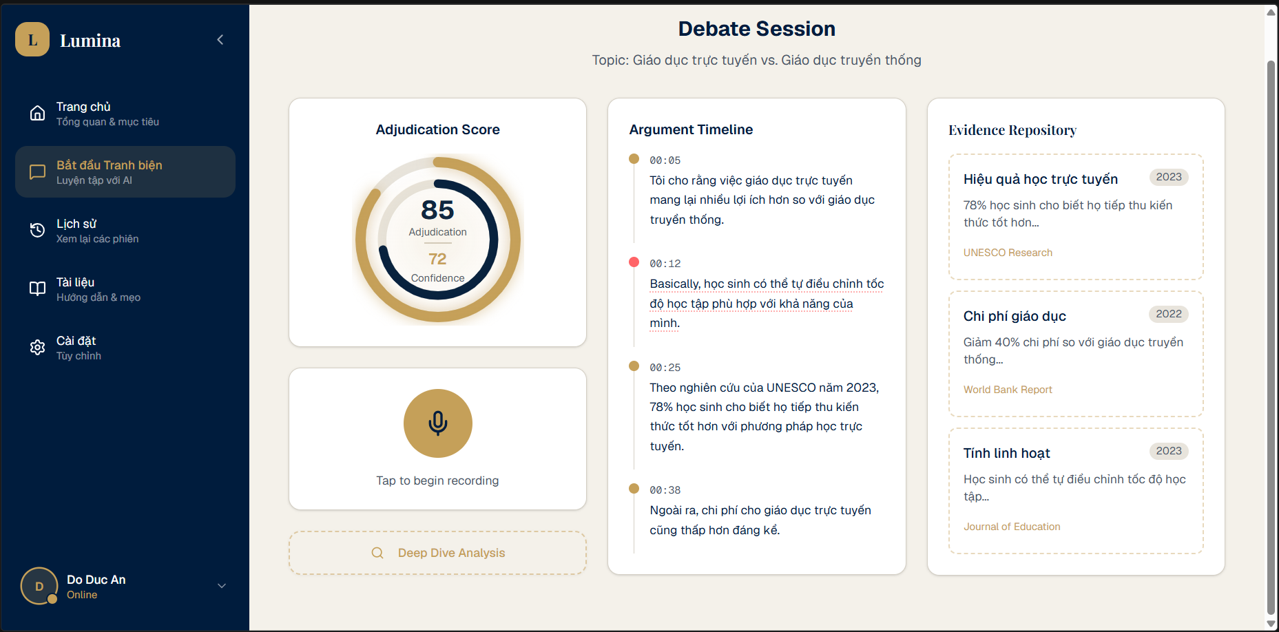 Debate session with adjudication score, argument timeline, and evidence repository