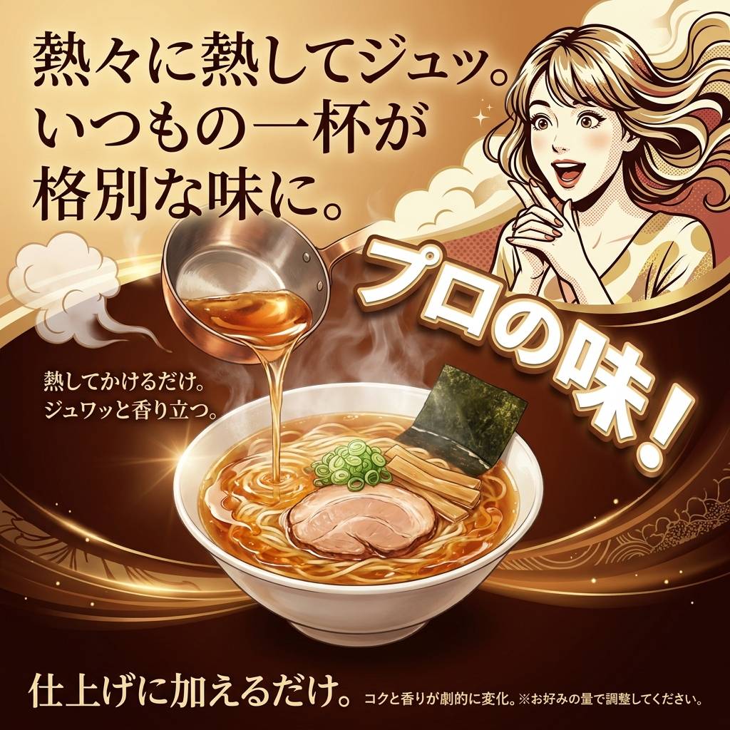 熱々に熱してジュッ。いつもの一杯が格別な味に。ラーメンに香味油をかけるだけ。