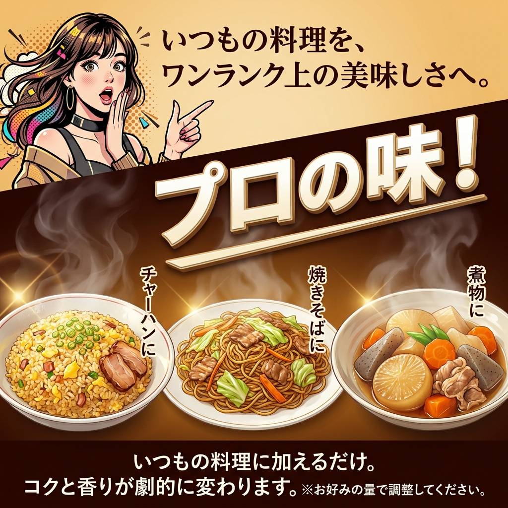 いつもの料理をワンランク上の美味しさへ。プロの味！チャーハン、焼きそば、煮物に。いつもの料理に加えるだけ。コクと香りが劇的に変わります。