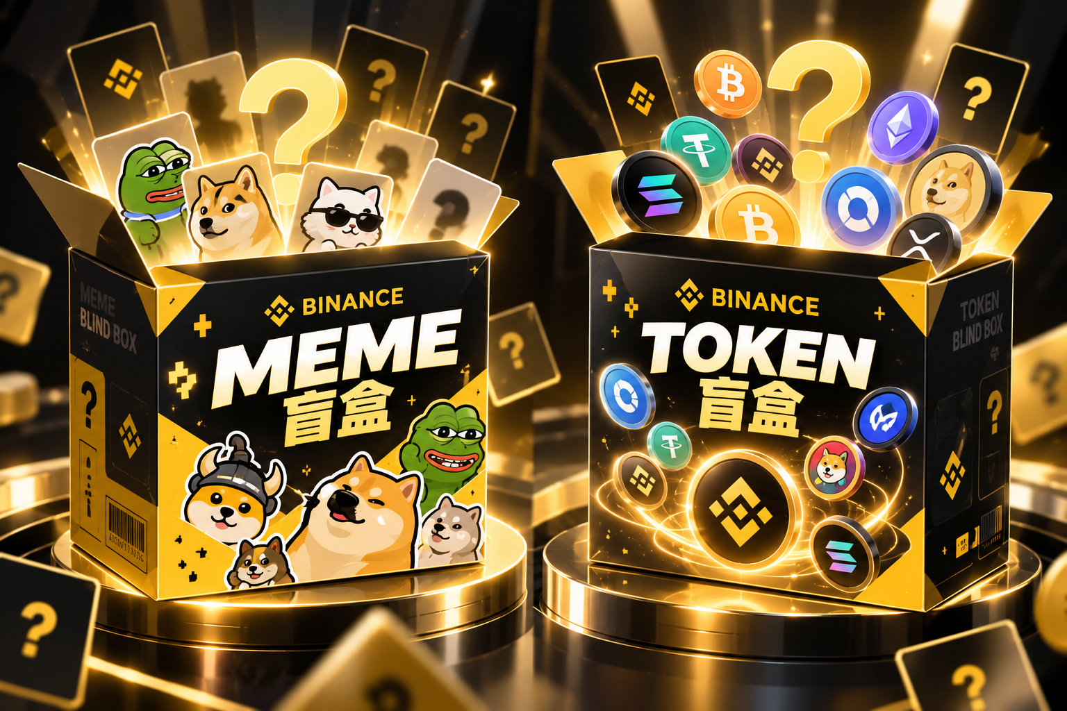 Meme 盲盒黑金海报:金色舞台上的立体礼盒,搭配趣味表情卡片与发光问号。