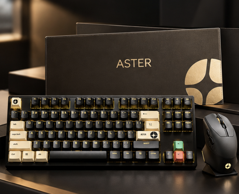 Aster 键盘套装完整展示，包含黑金配色键盘与品牌鼠标