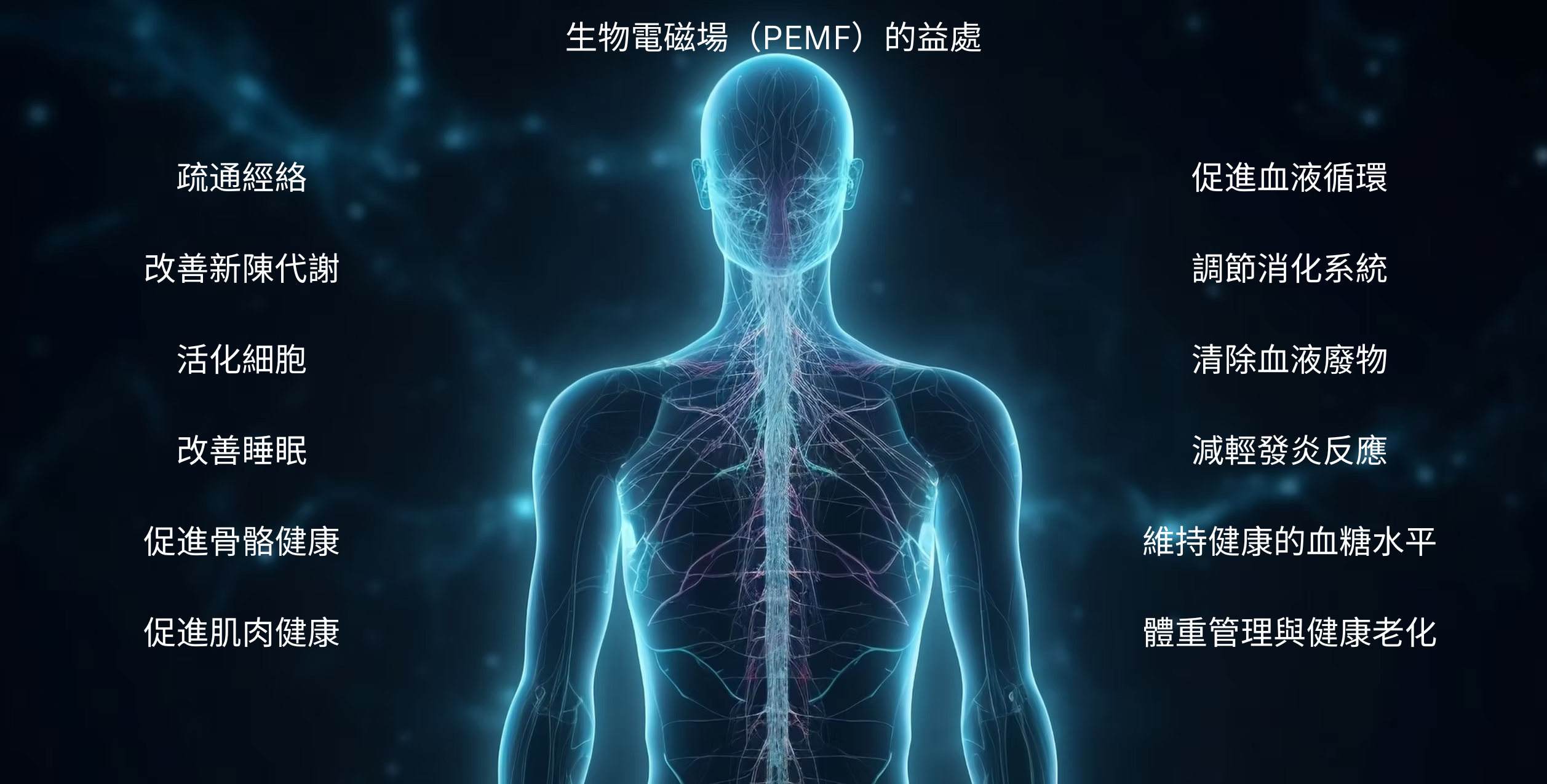 生物電磁場(PEMF)的益處:疏通經絡、改善新陳代謝、活化細胞、改善睡眠、促進血液循環等