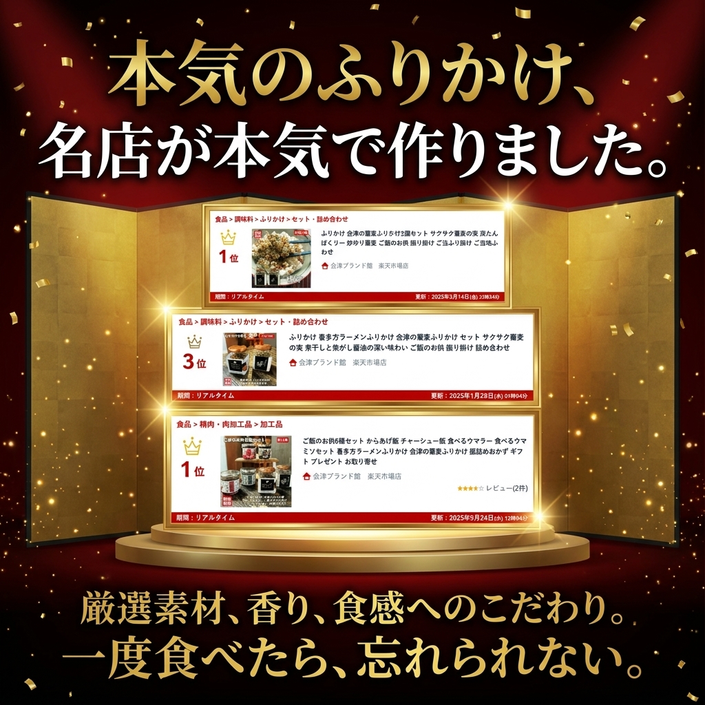 ふりかけの名店の至高のふりかけ。素材、香り、食感にこだわった一度味わえば忘れられない味。楽天ランキング1位獲得。
