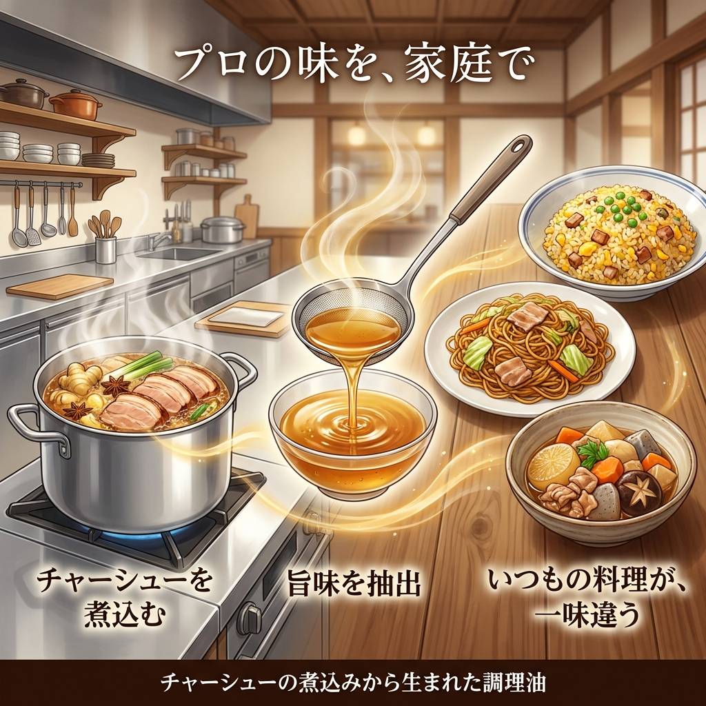 プロの味を家庭で。チャーシューを煮込む、香味を抽出、いつもの料理が一味違う。チャーシューの煮込みから生まれた調理油。