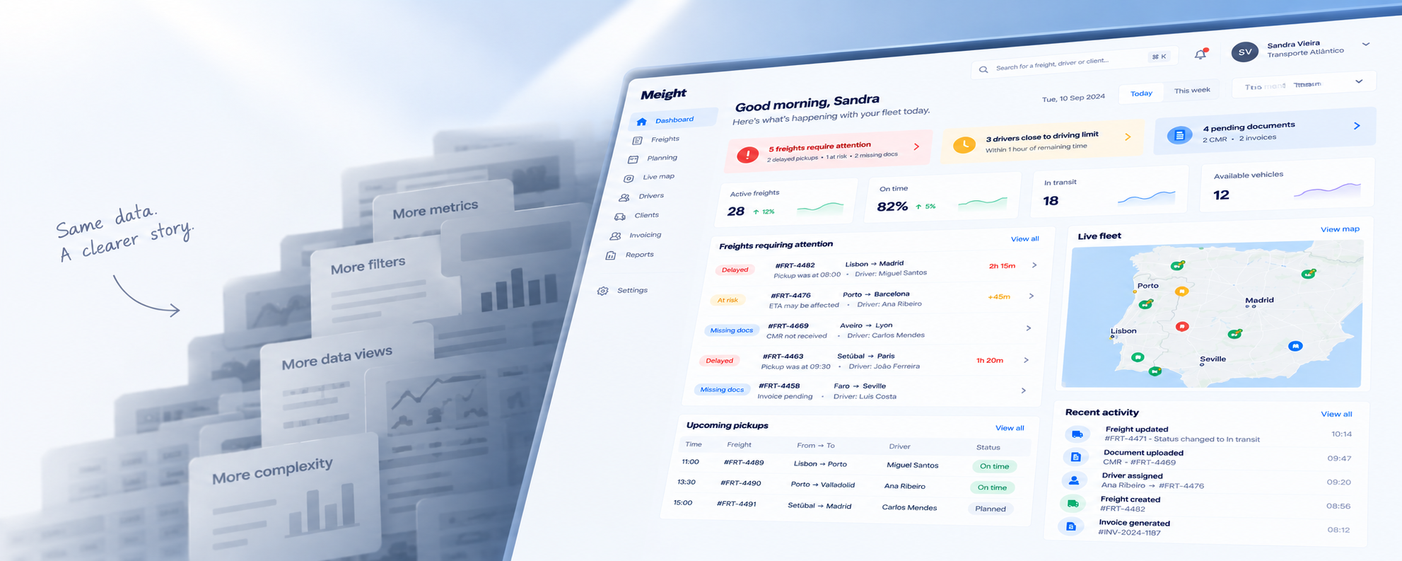 Meight freight management dashboard with a clearer story around attention and fleet operations