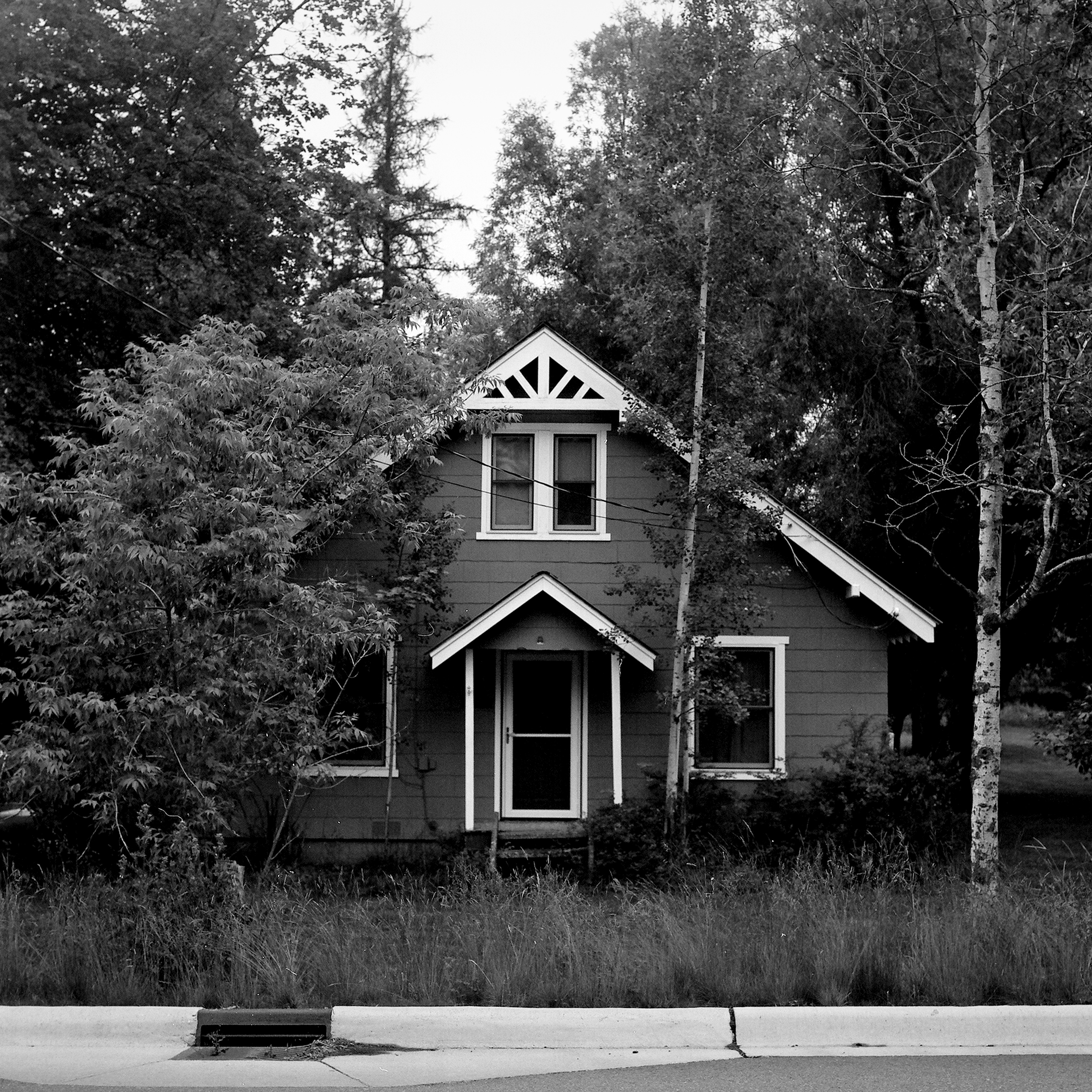 Victorian cottage with peaked gable roof and sunburst trim surrounded by mature trees