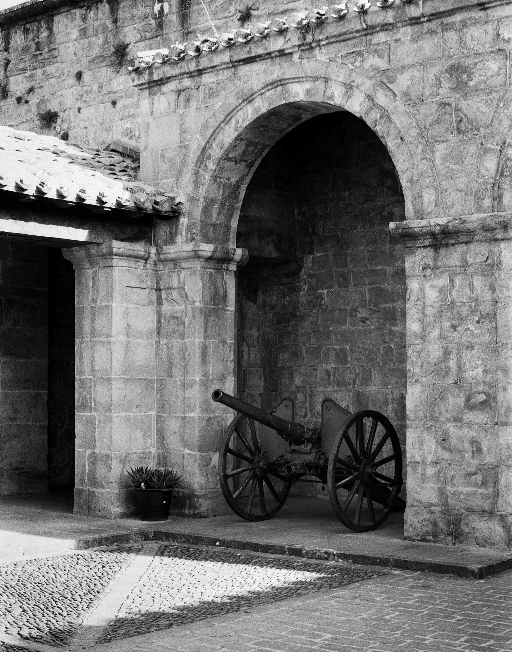 Historic cannon silhouetted against stone archway tunnel entrance with decorative molding
