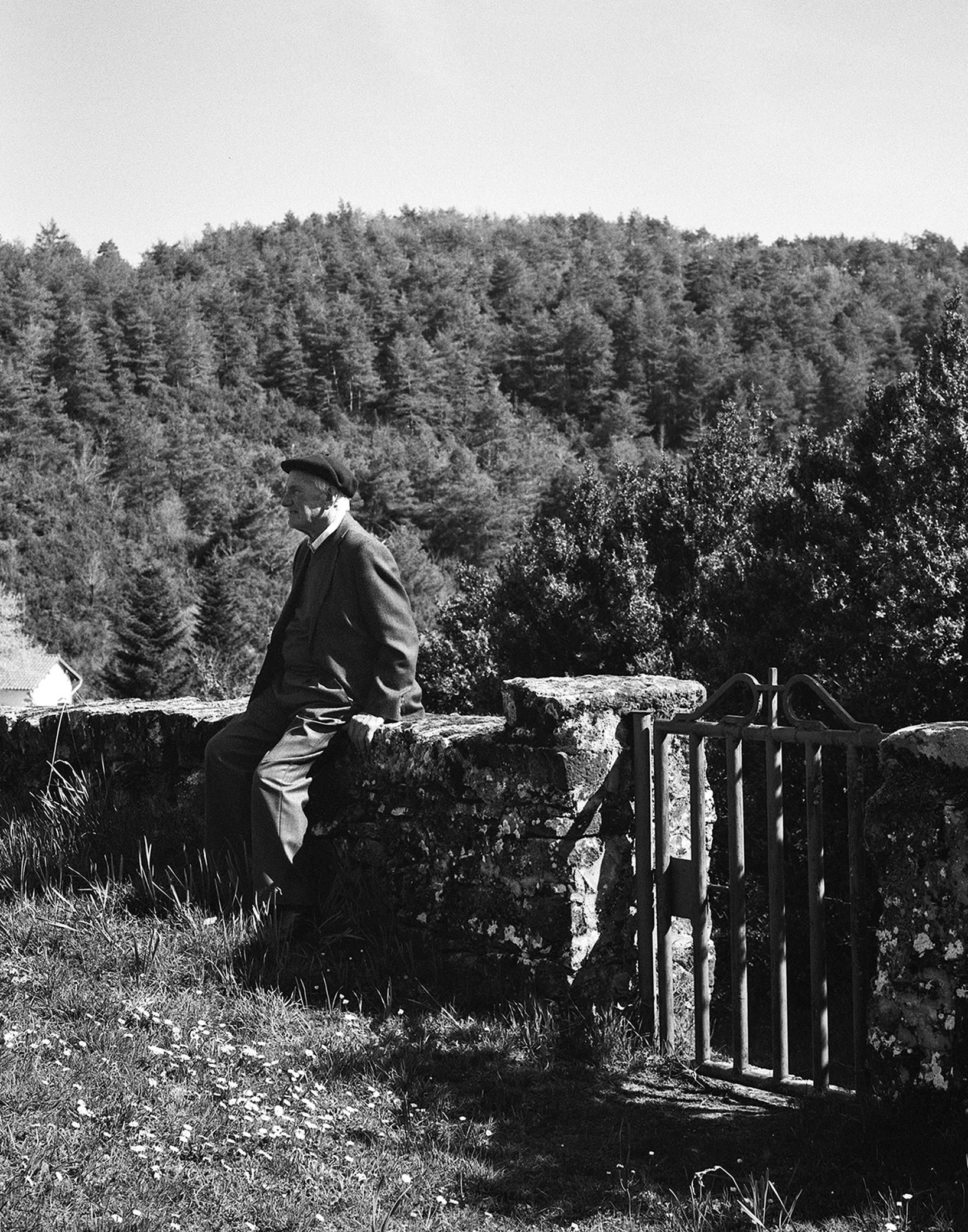 Man seated on stone wall overlooking densely forested hillside in contemplative pose
