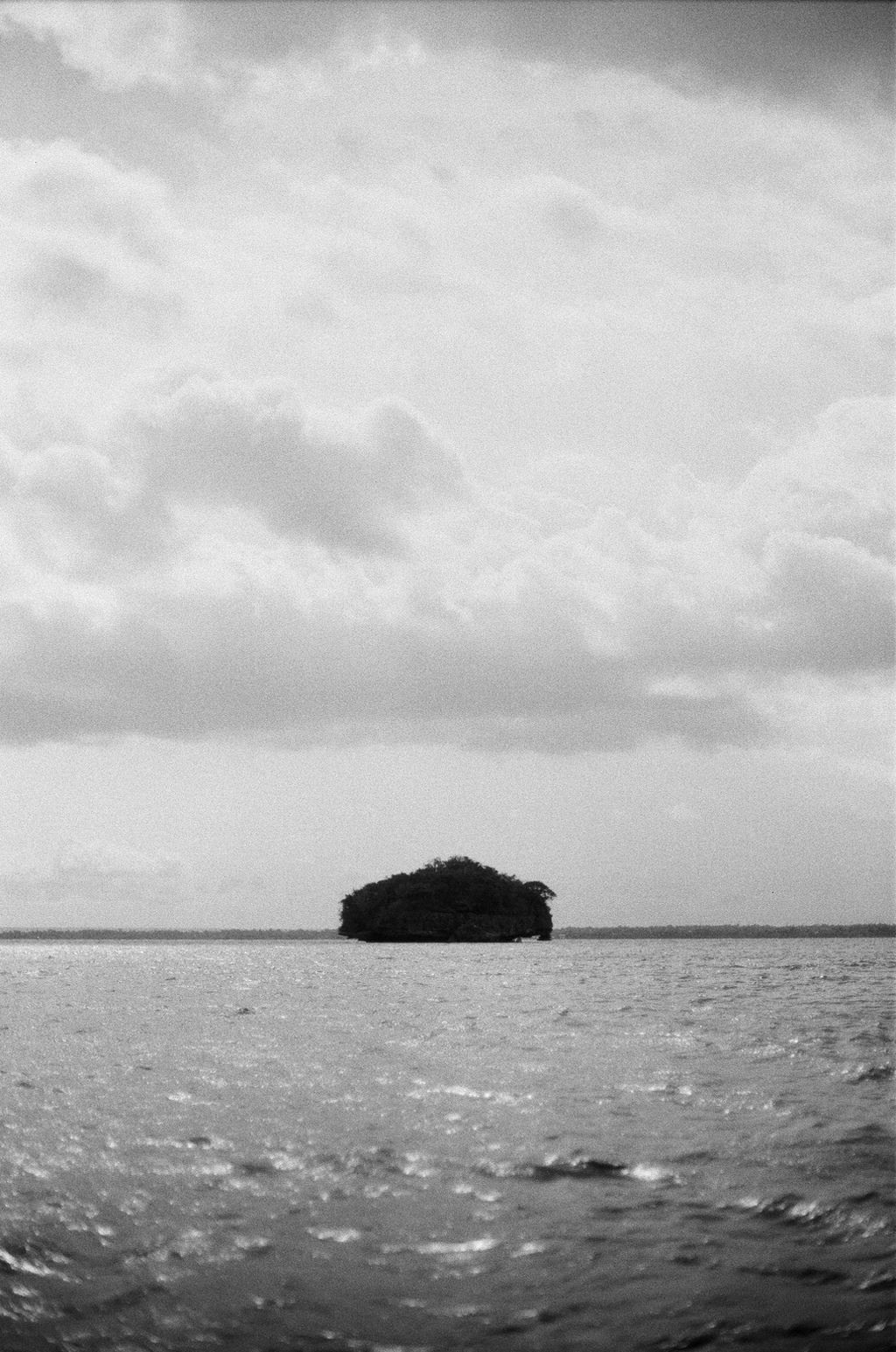 Small isolated island covered with trees in the middle of the sea with dramatic cloudy sky