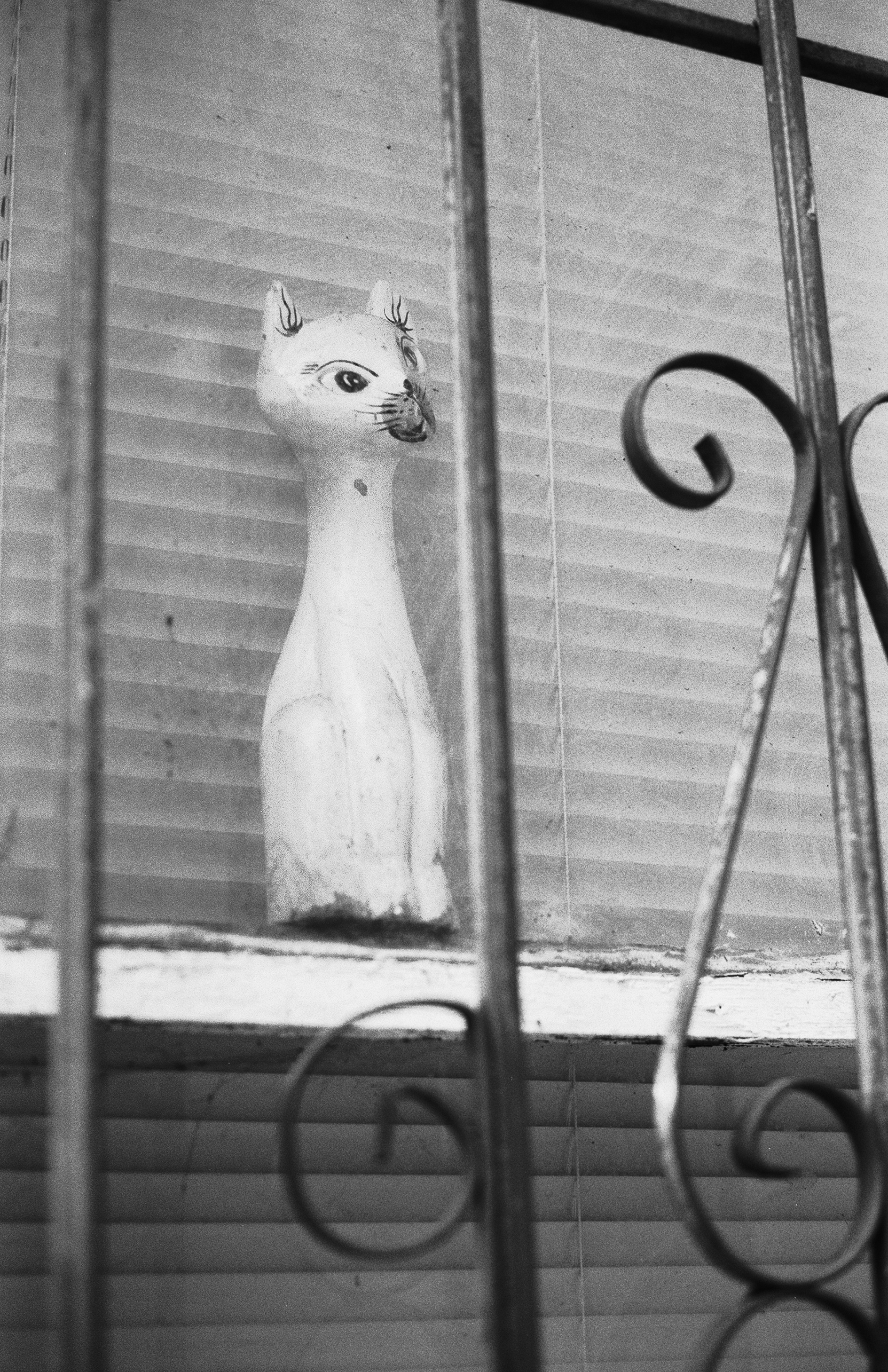 Surreal sculptural cat head with exaggerated features and stylized details visible through window panes with metal frames