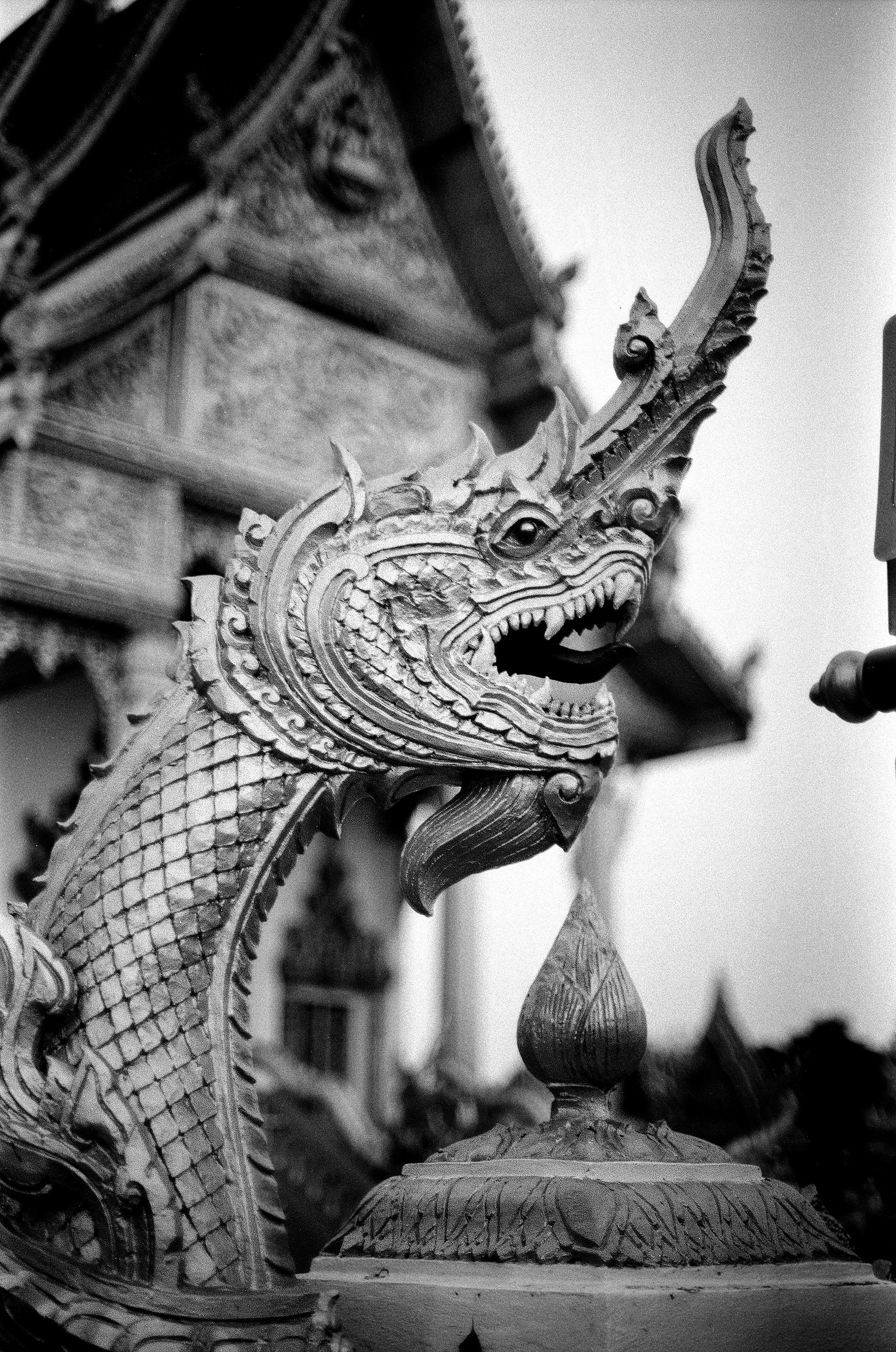 Ornate Naga dragon sculpture with scaled body and fierce expression at temple entrance