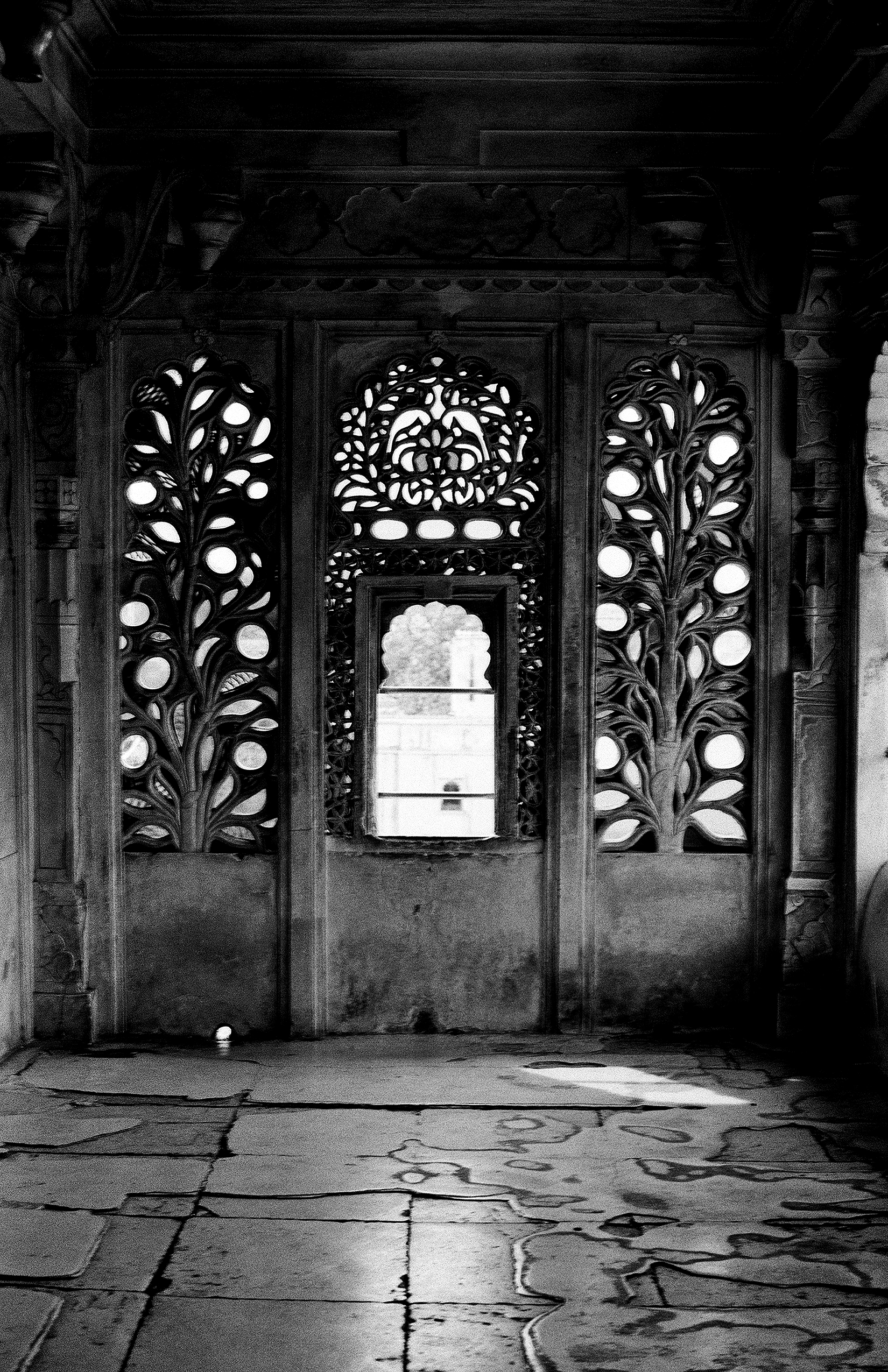 Black and white ornate carved stone screen jali with tree-of-life floral motifs and window opening