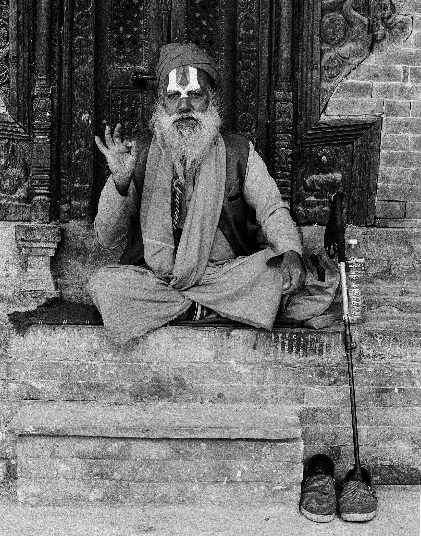 Sadhu holy man in traditional robes with sacred markings and long white beard