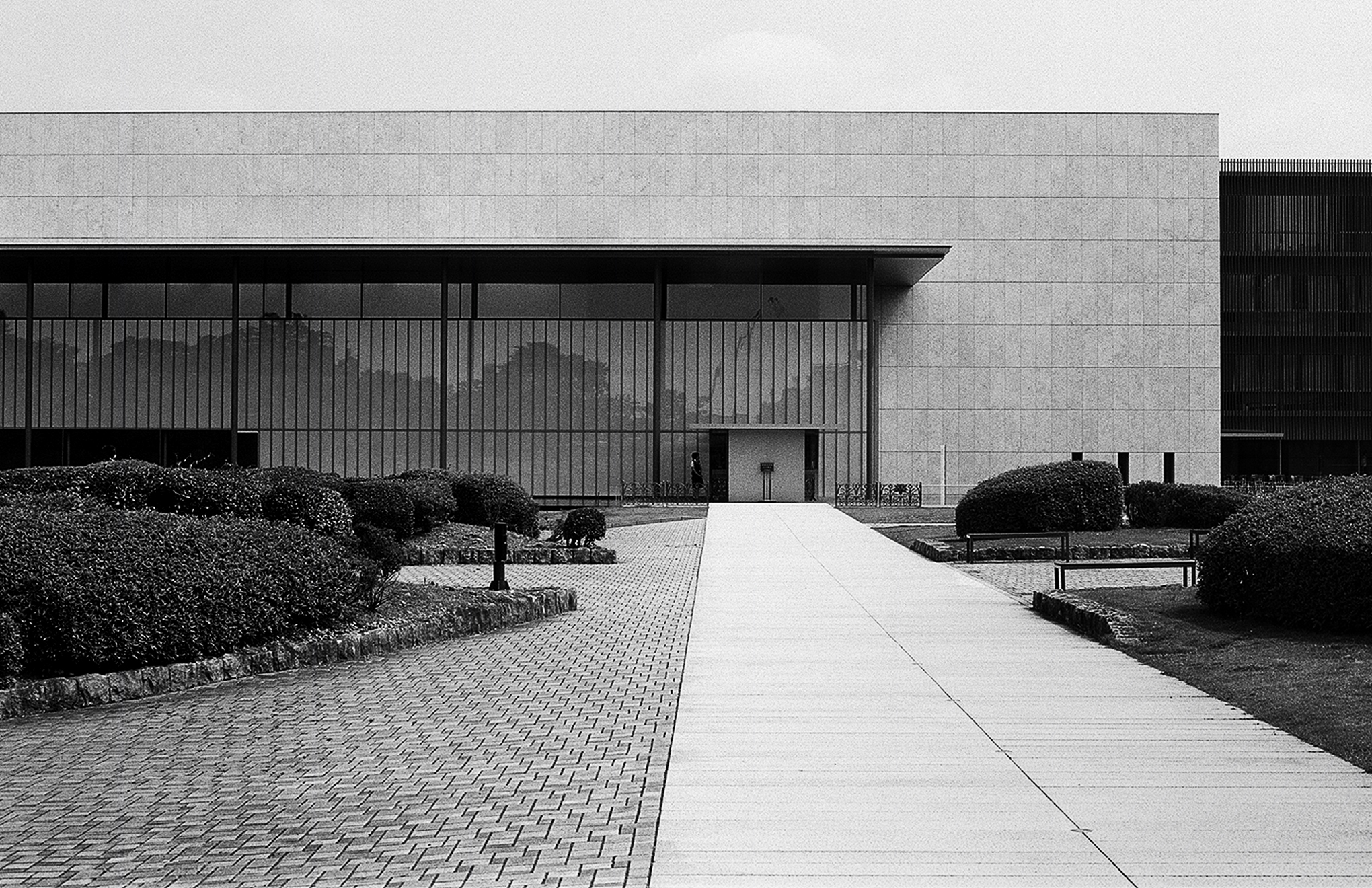 Minimalist geometric courtyard with gravel pathways manicured hedges and modern building with horizontal window elements