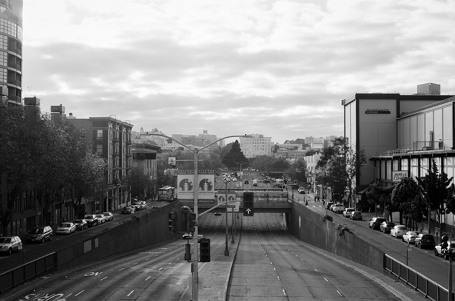 Japantown overhead view of underpass street intersection architectural bridge and buildings creating geometric urban composition