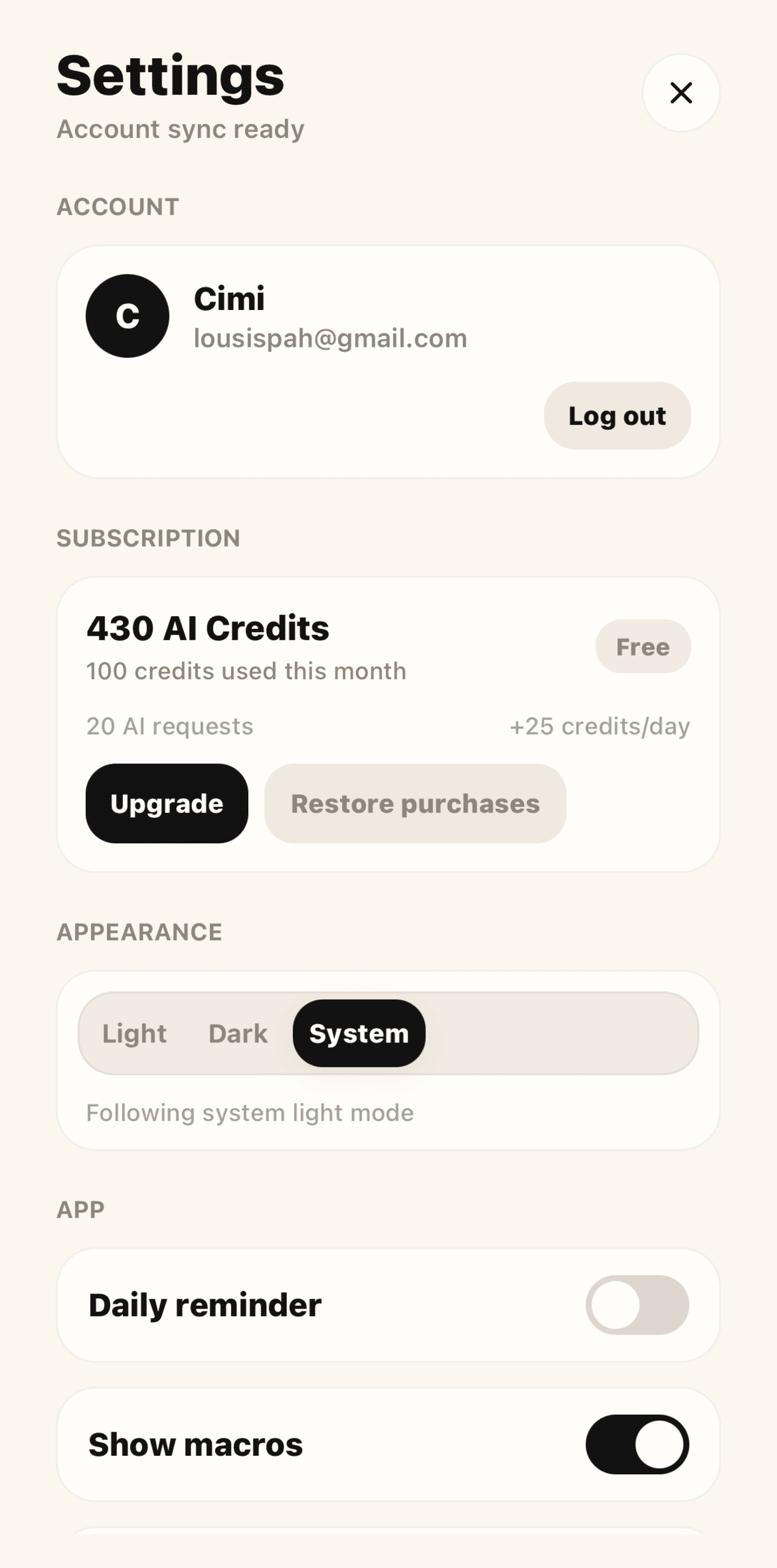 Settings screen with subscription and appearance options