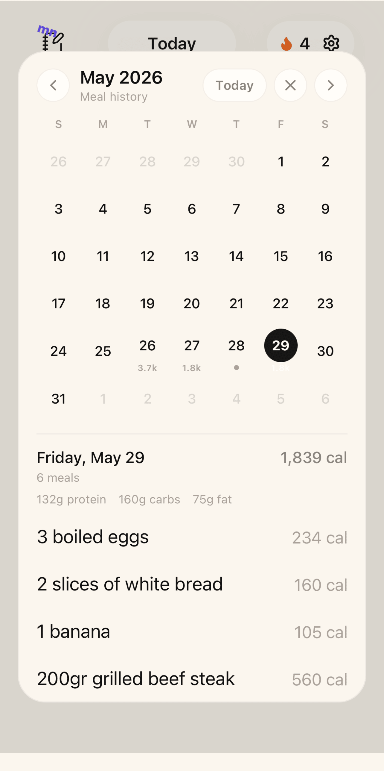 Calendar view with meal history and nutrition data