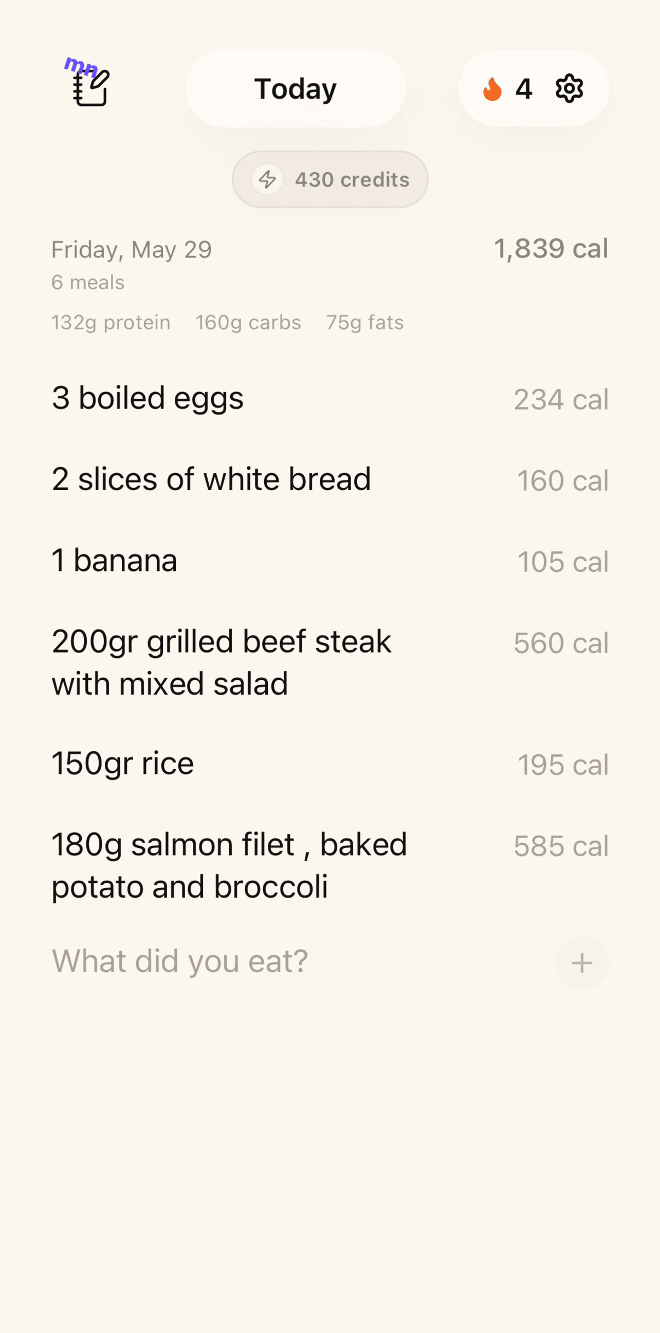 Daily meal tracking view showing logged foods and calorie totals