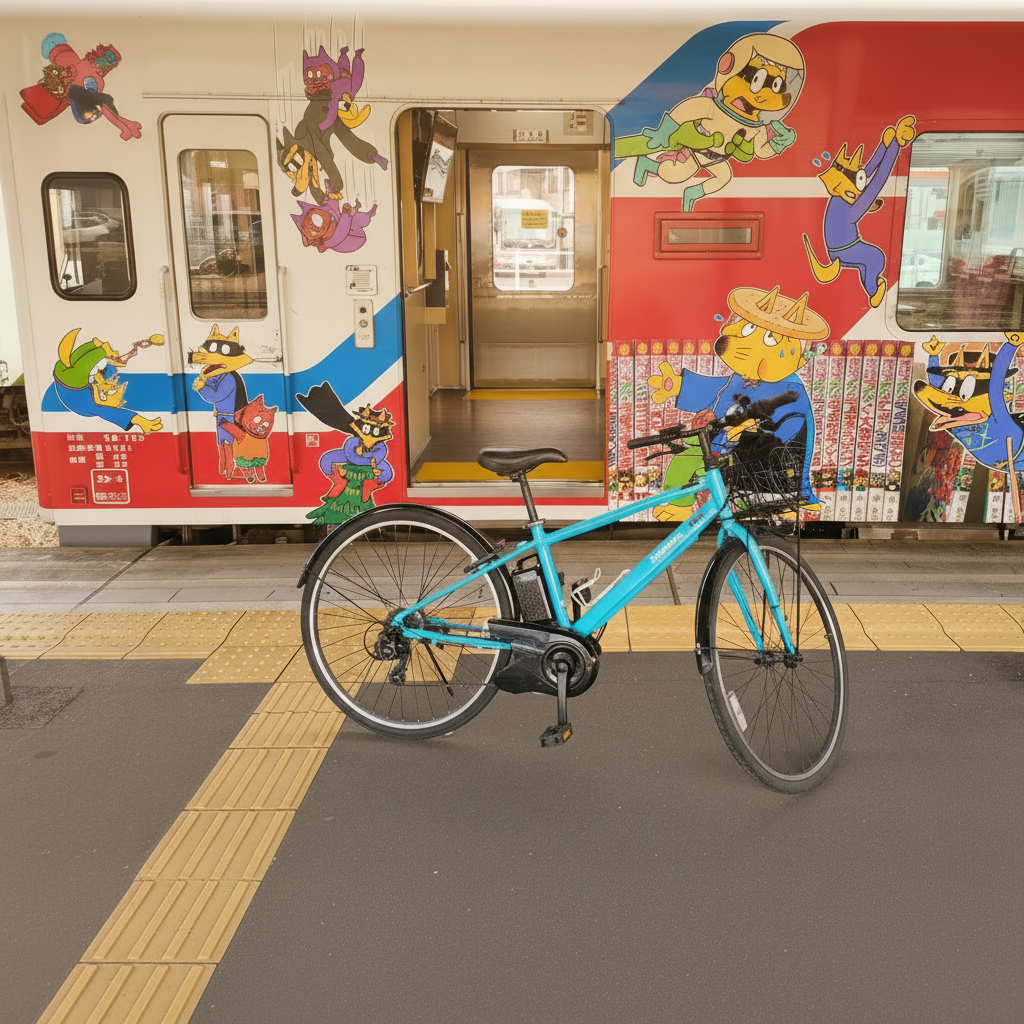 E-bike with the colorful Sanriku Railway train on the platform