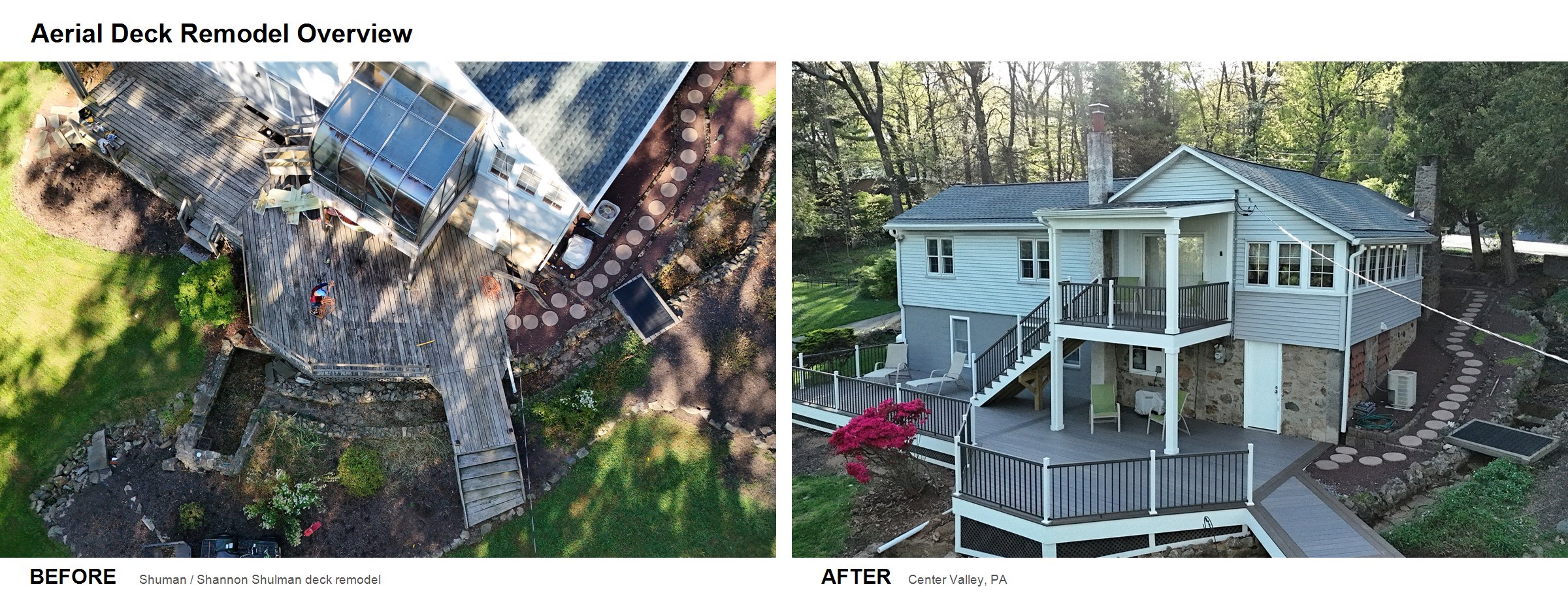 Before and after aerial view of Center Valley deck remodel showing transformation from weathered wood to Trex composite