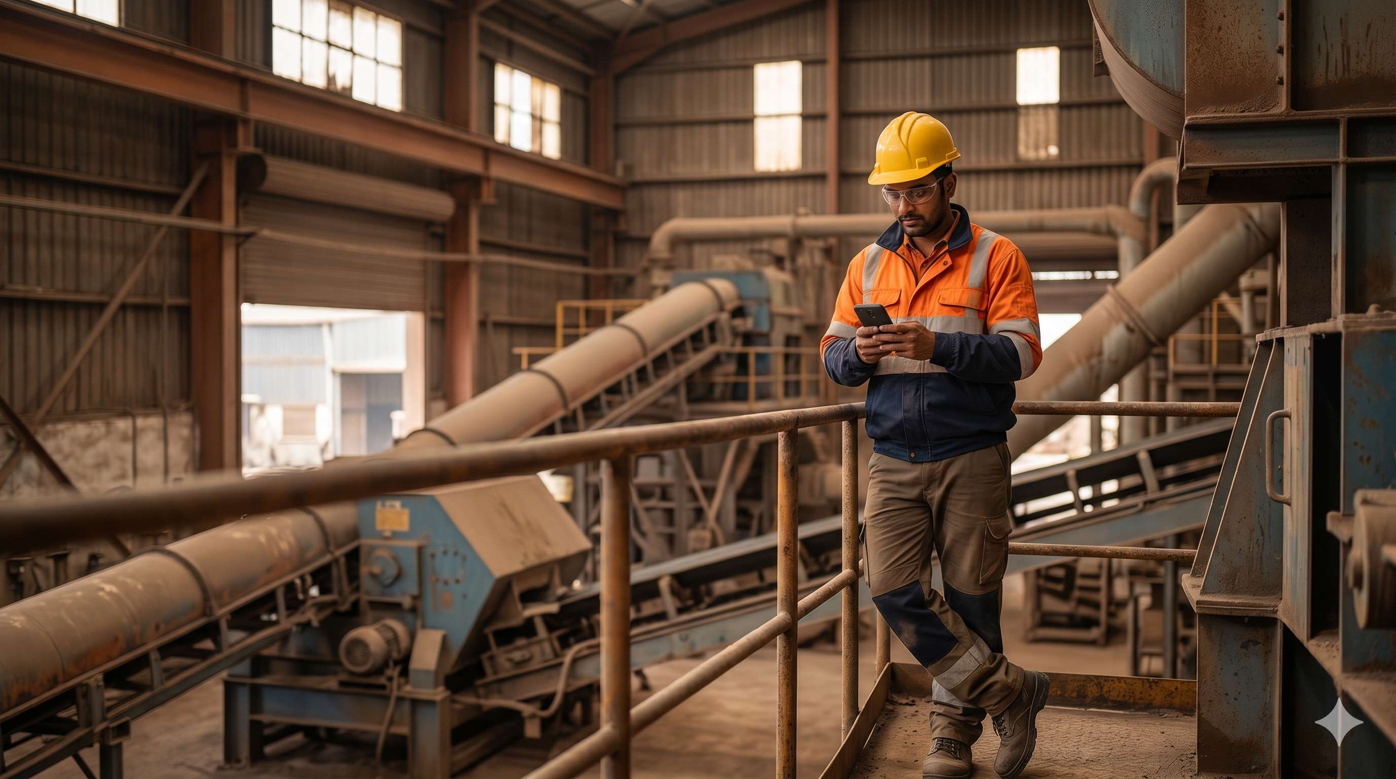 Industrial technician using Sysma on a mobile phone inside a plant
