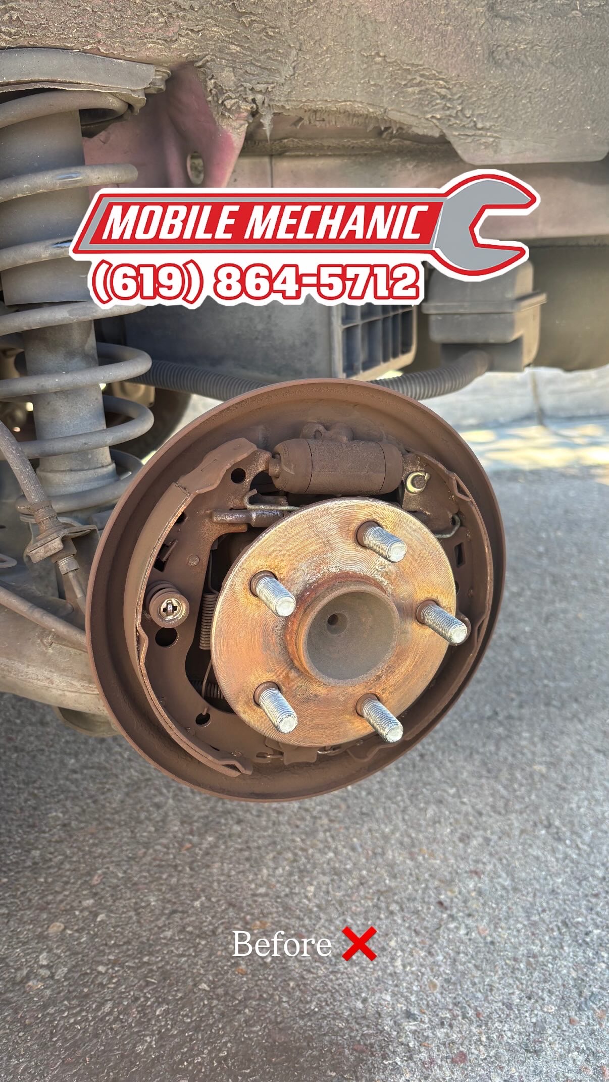 Worn rear drum brake before service