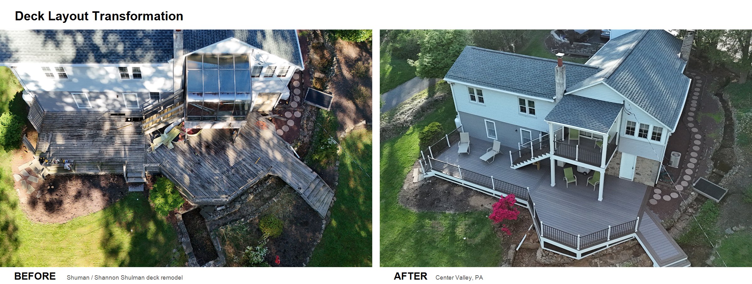 Before and after deck layout transformation showing multi-level design improvement
