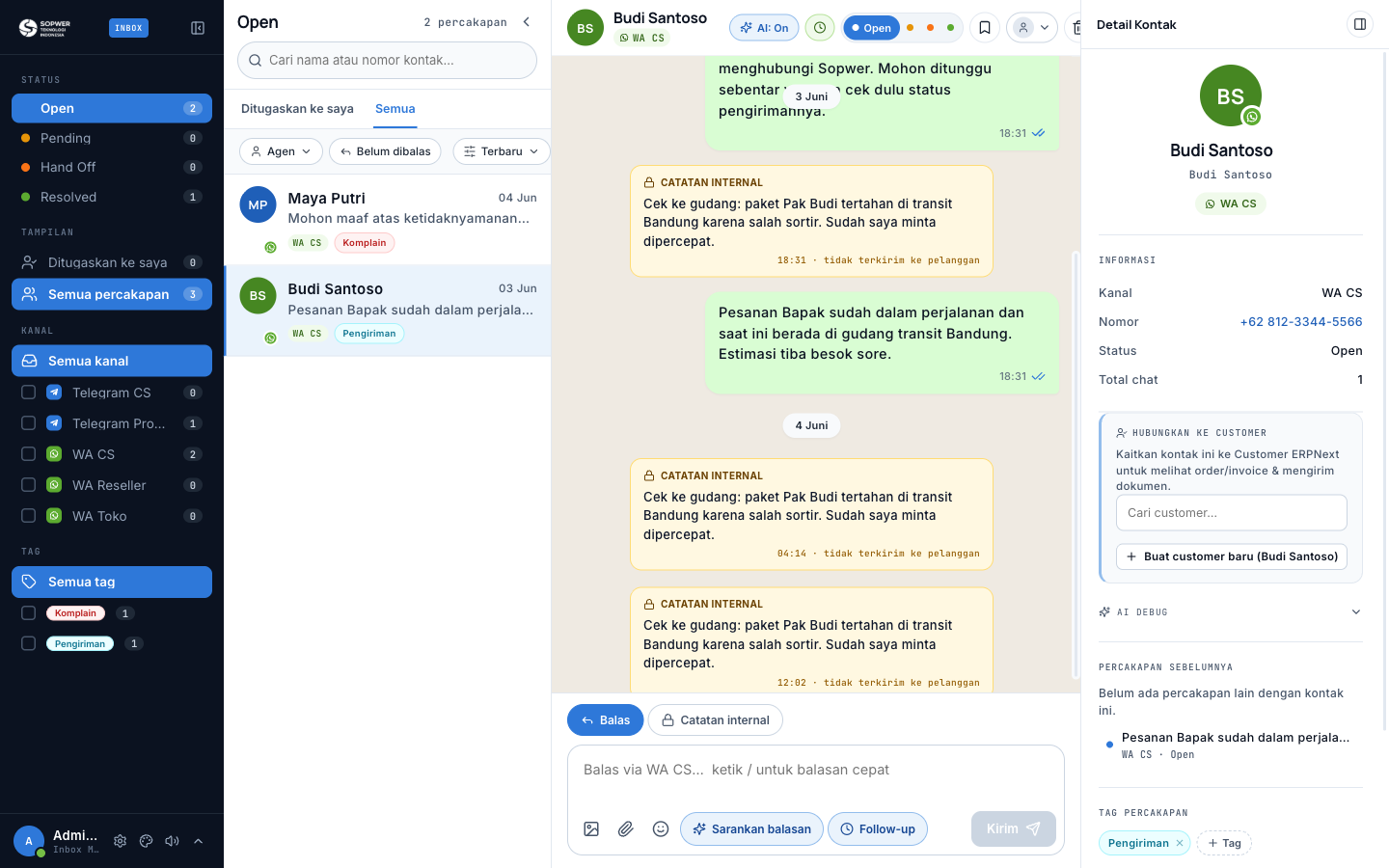 Panel detail kontak Sopwer Inbox dengan informasi Lead dan Customer ERPNext