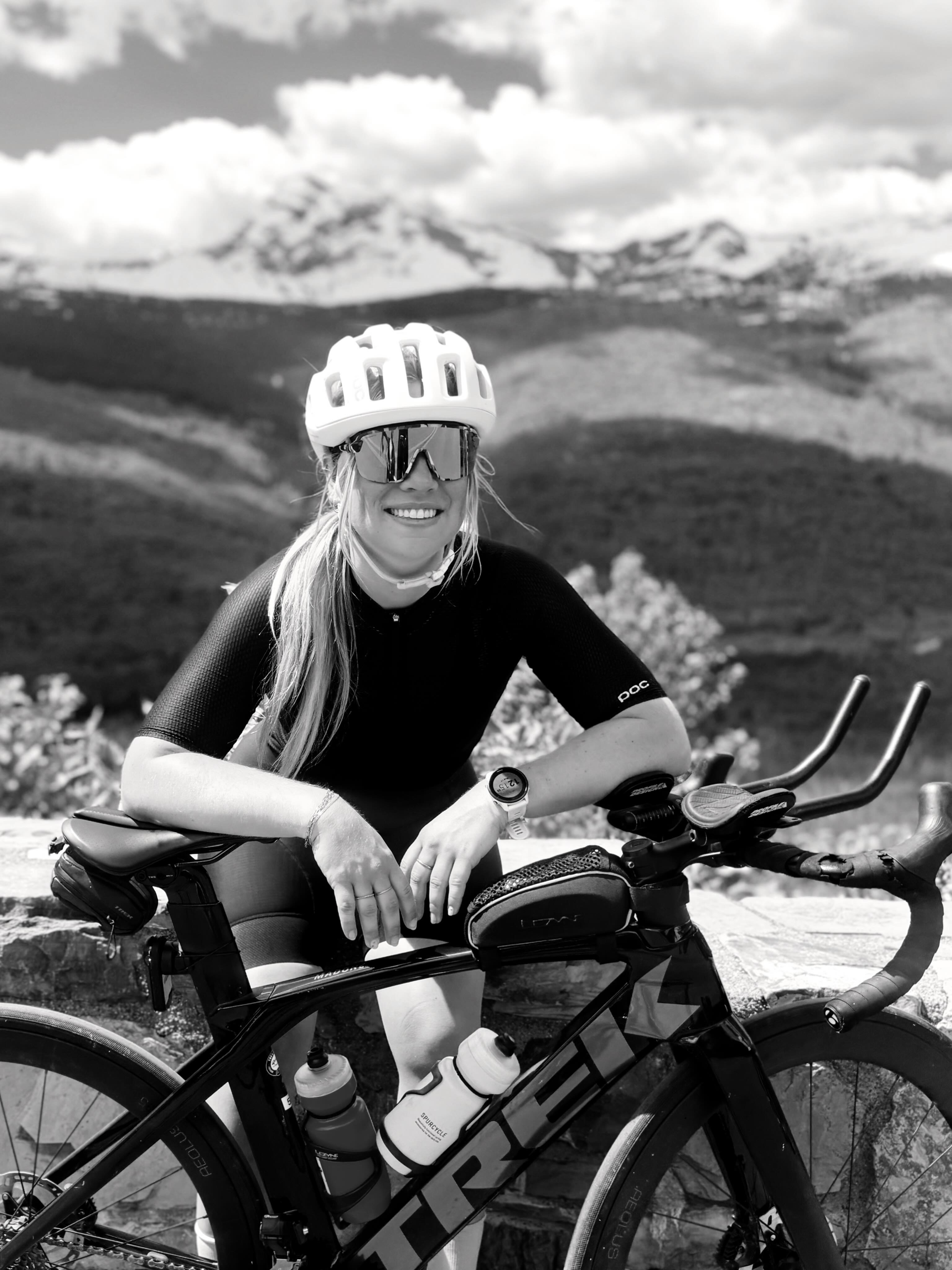 Isabelle Lussier on her Trek road bike in the mountains