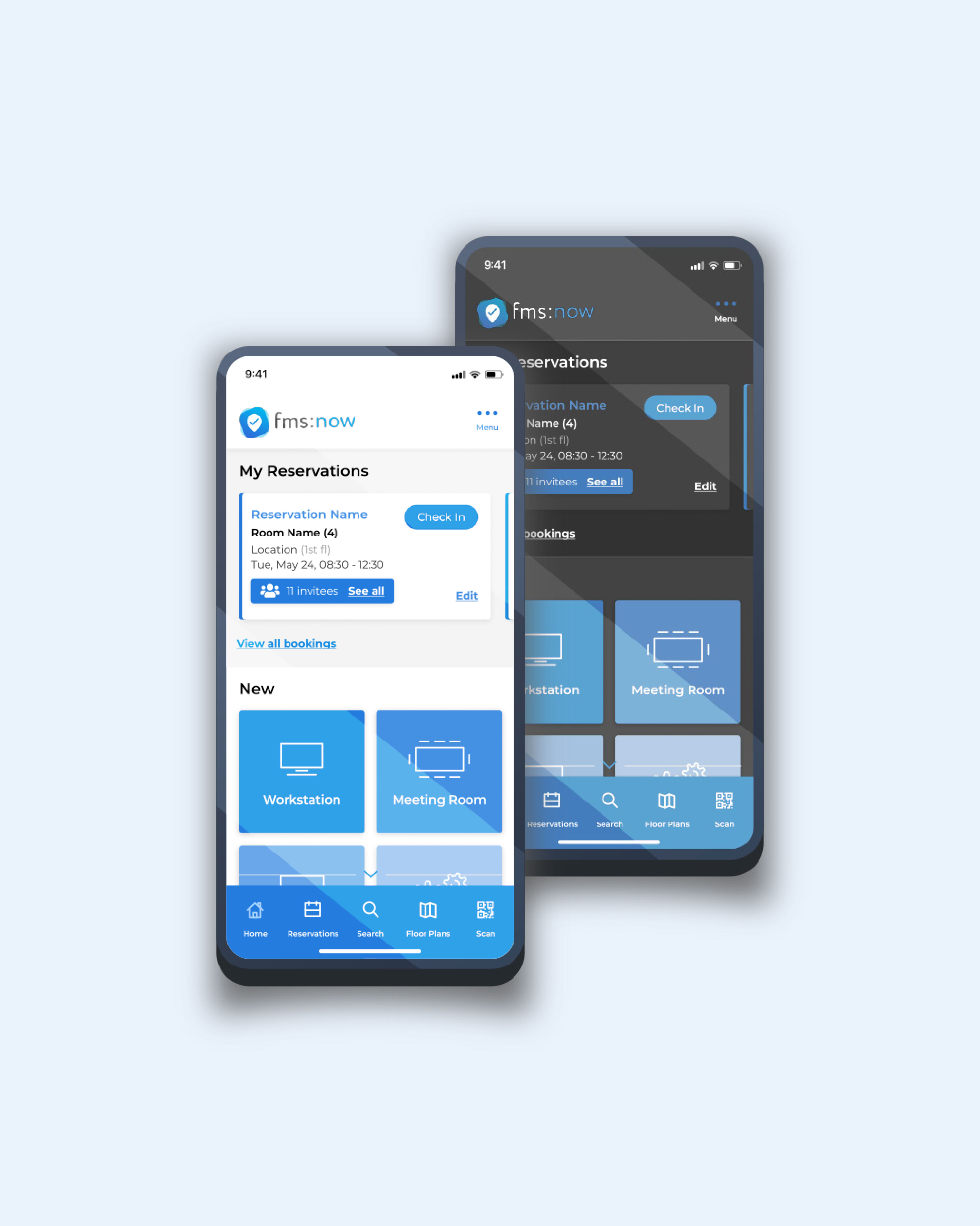 UI update for the FMS:Now mobile product using FM:Systems' design system and dark mode theme development