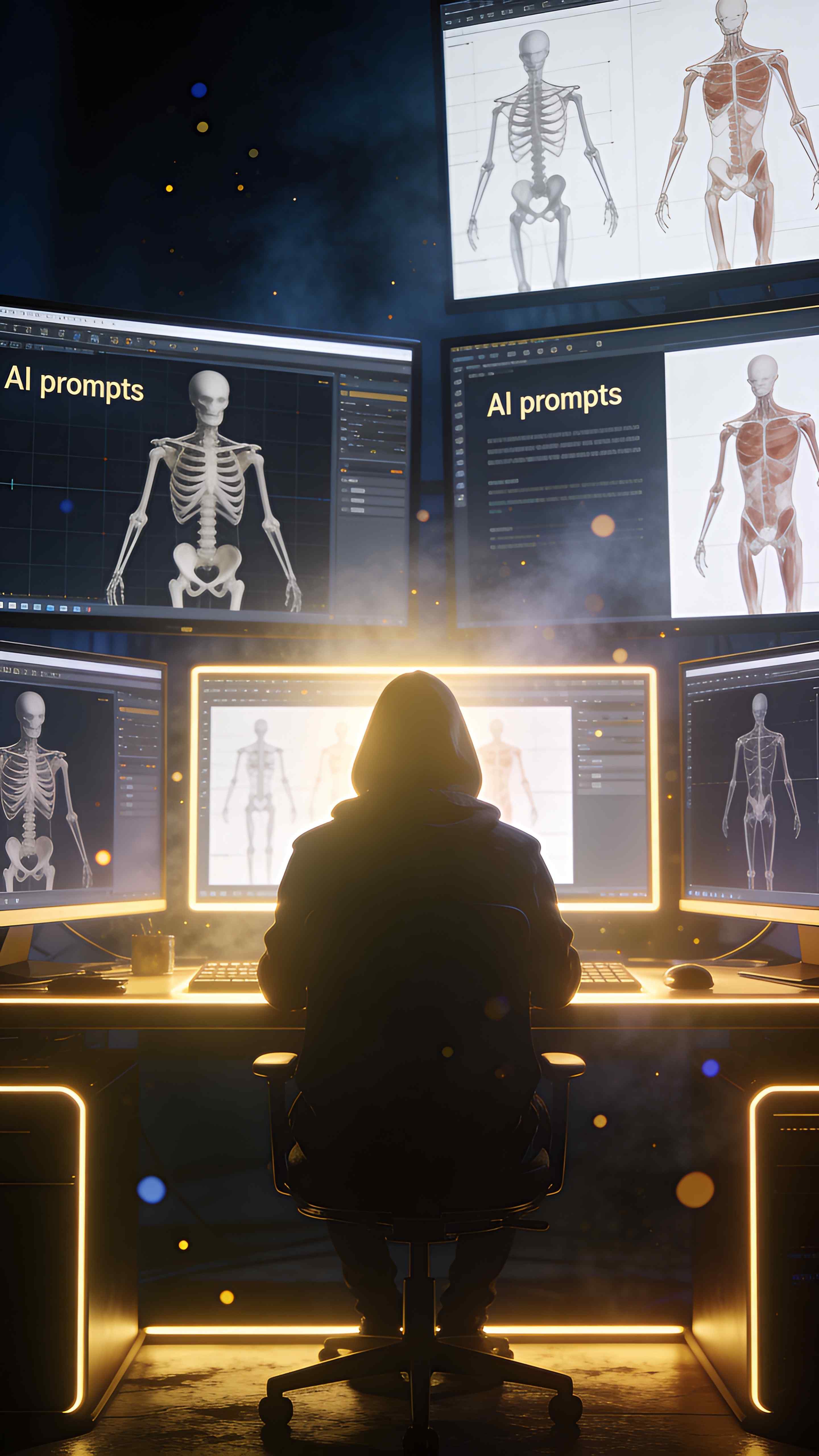 AI Creator at work with multiple monitors showing AI prompts