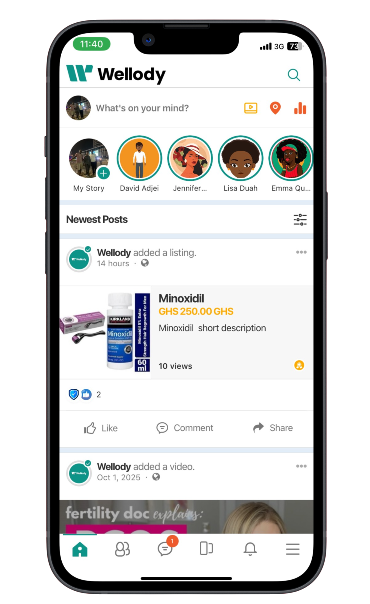 Wellody app interface showing a verified health professionals feed with community posts and professional verification indicators