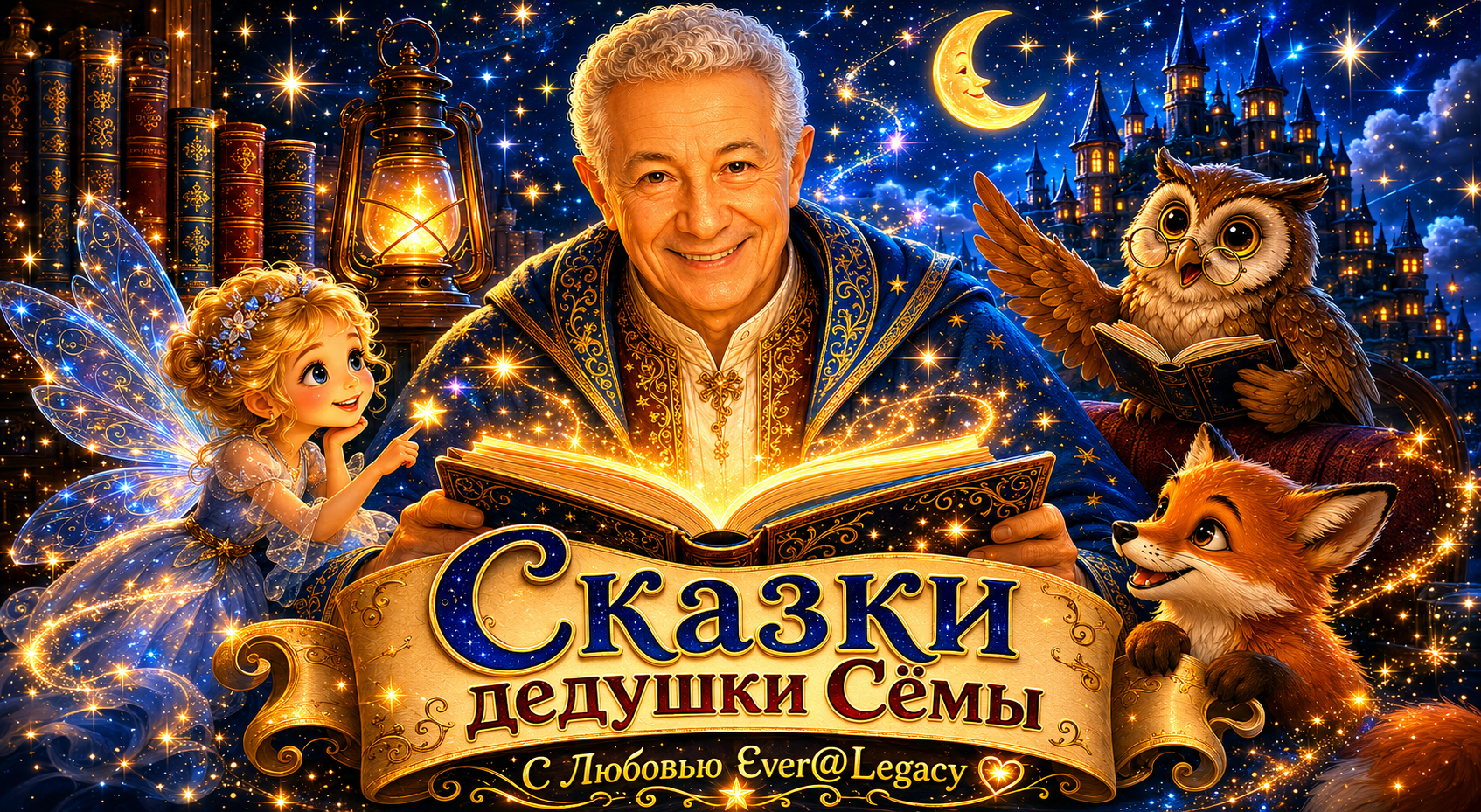 Истории Дедушки Сёмы — дедушка читает светящуюся книгу в уютном семейном мире