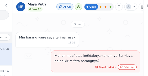 Pesan Sopwer Inbox yang gagal terkirim dengan tombol Coba lagi