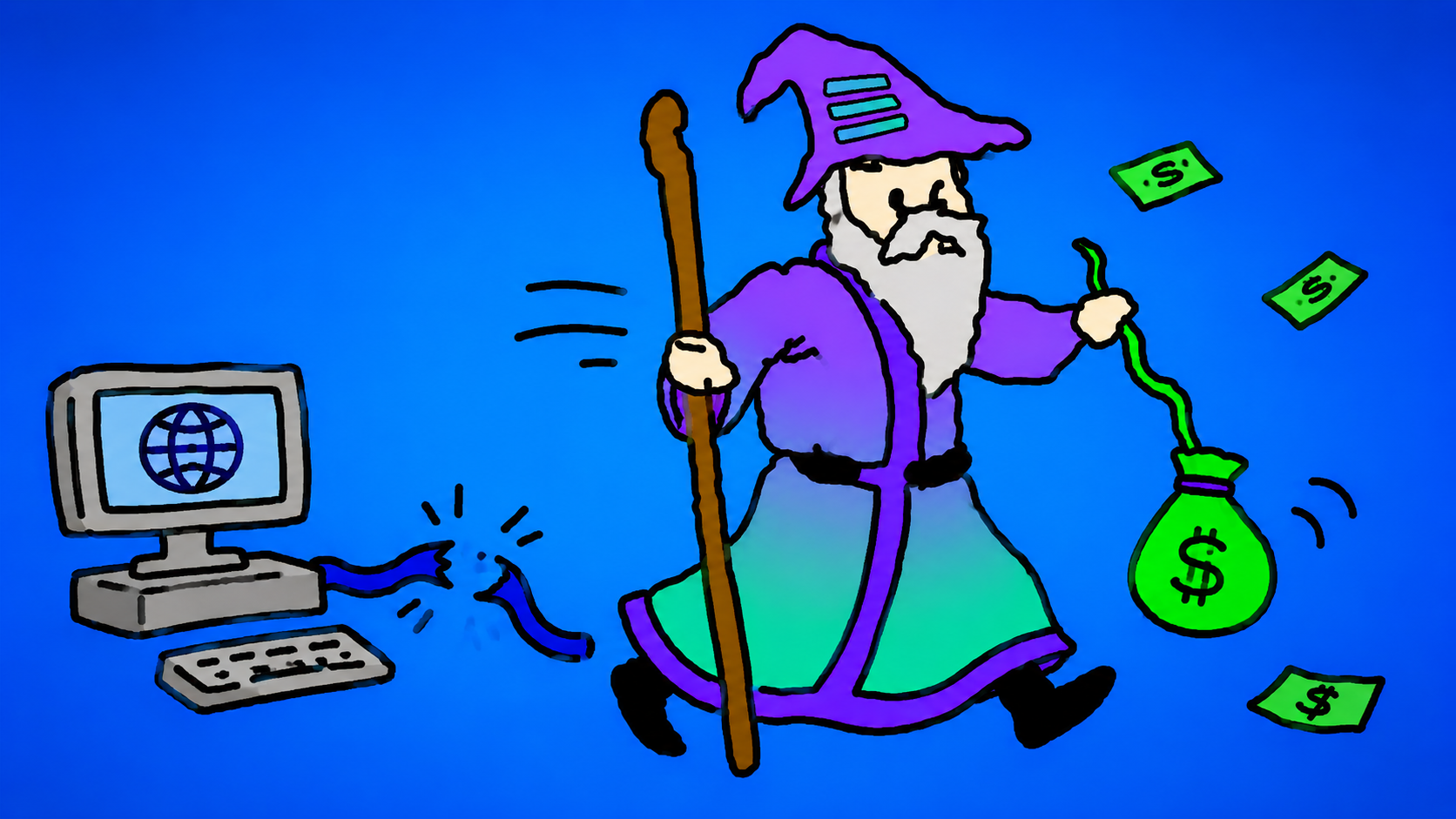 Wizard stealing money from a computer