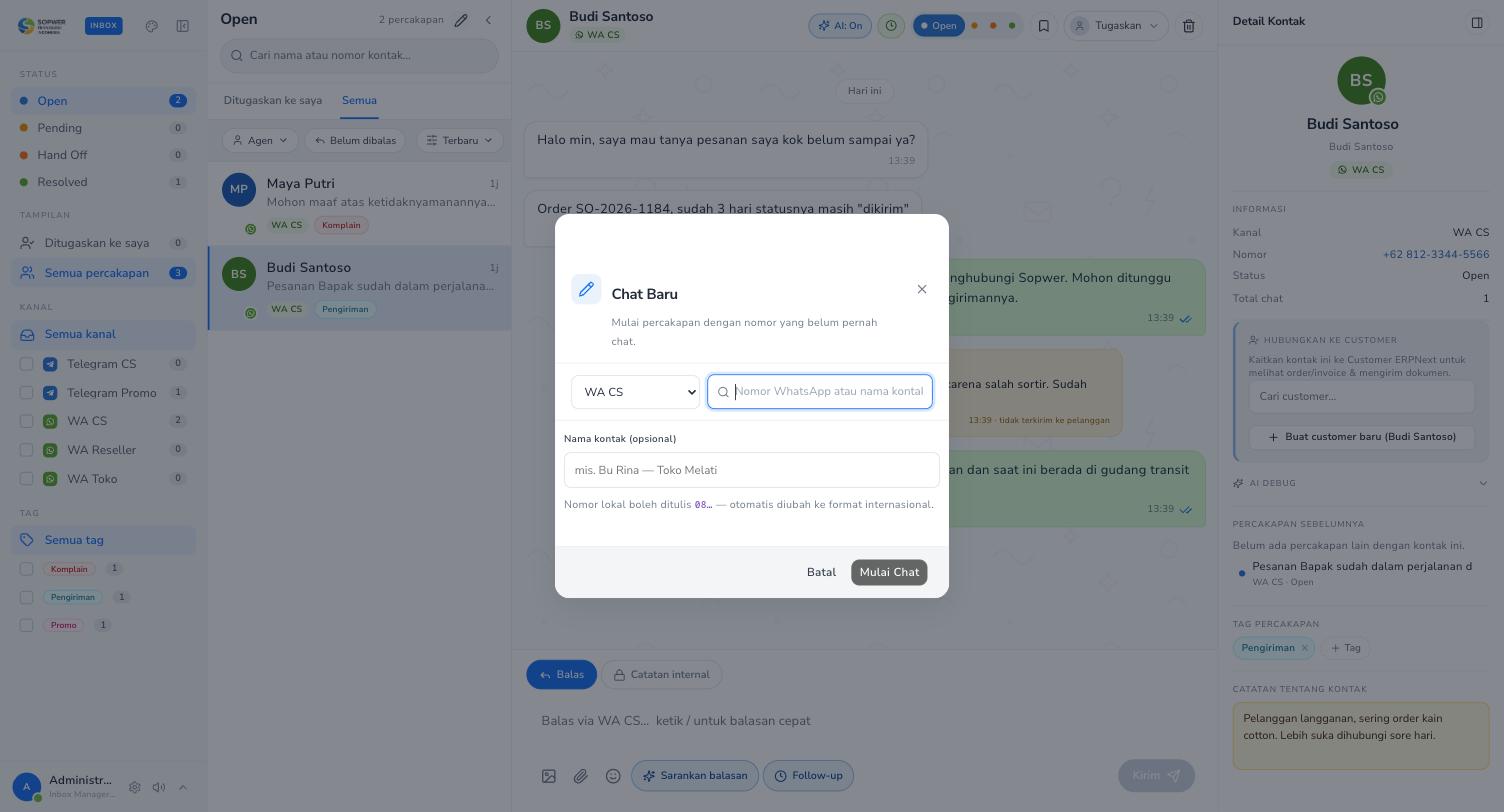 Modal Chat Baru Sopwer Inbox