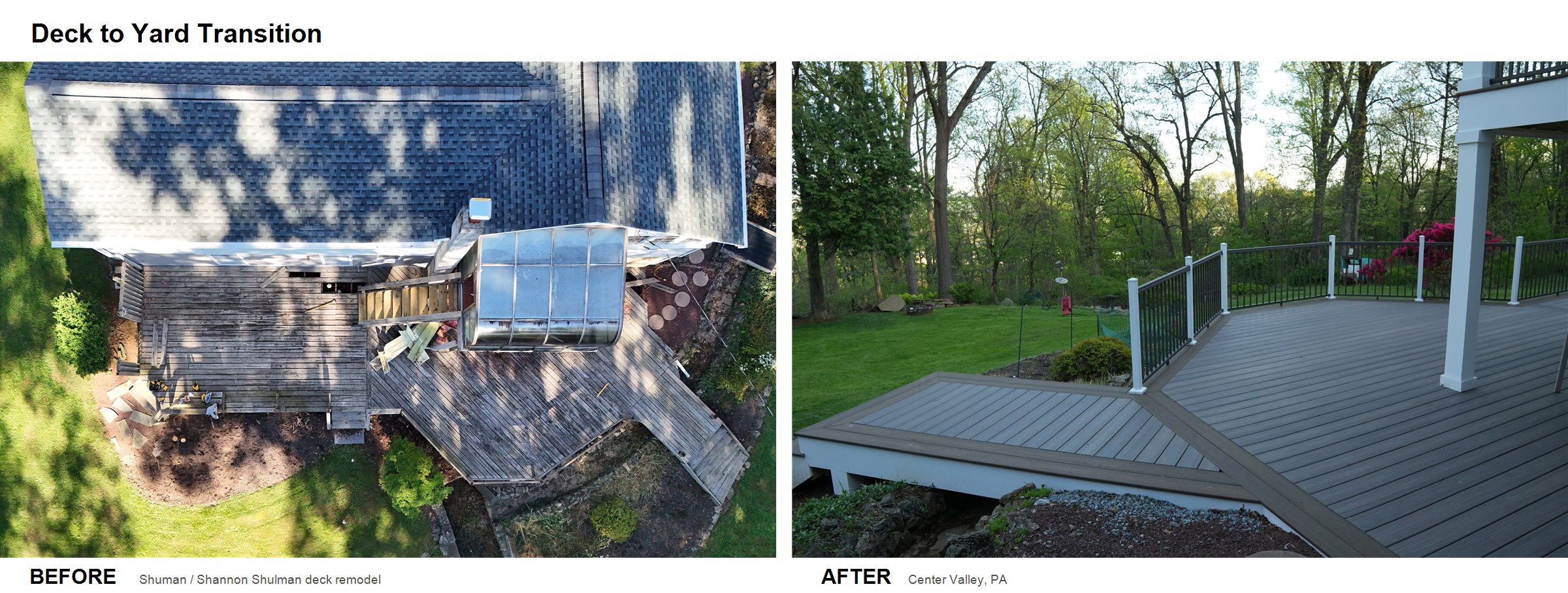 Before and after deck to yard transition showing improved connection