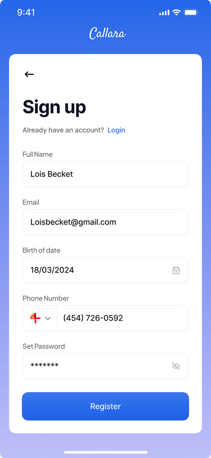 Sign up screen