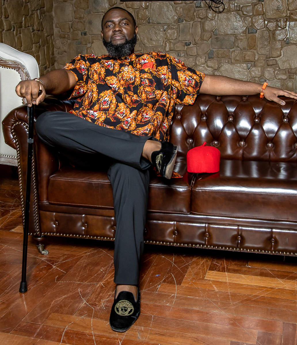 Sam in patterned attire